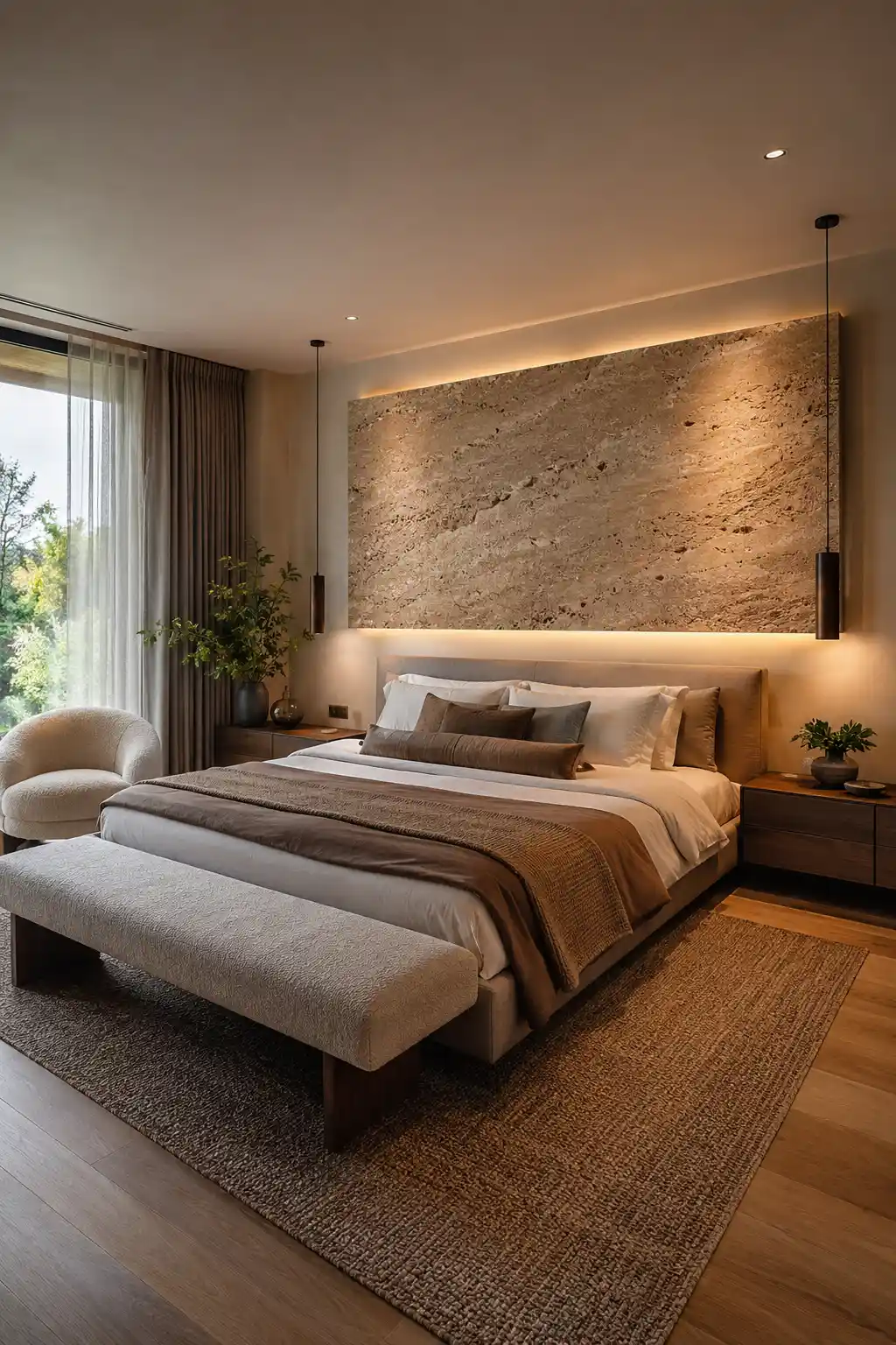 Luxury modern bedroom with a large floating textured stone slab above the upholstered headboard, warm concealed backlighting, natural travertine texture, neutral bedding, dark wood nightstands, pendant lights, a soft bench, and contemporary bedroom decor.