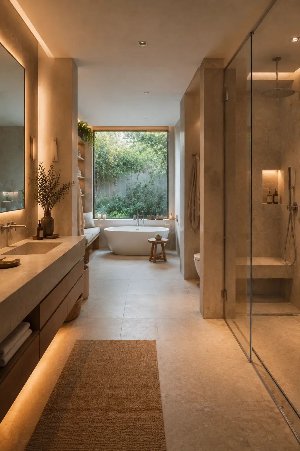 Meditation and bathing retreat bathroom featuring a freestanding soaking tub beside a large private garden window, comfortable built in relaxation bench, glass walk in rain shower with stone seating, long floating vanity, concealed toilet area, natural stone flooring, and warm wood accents.