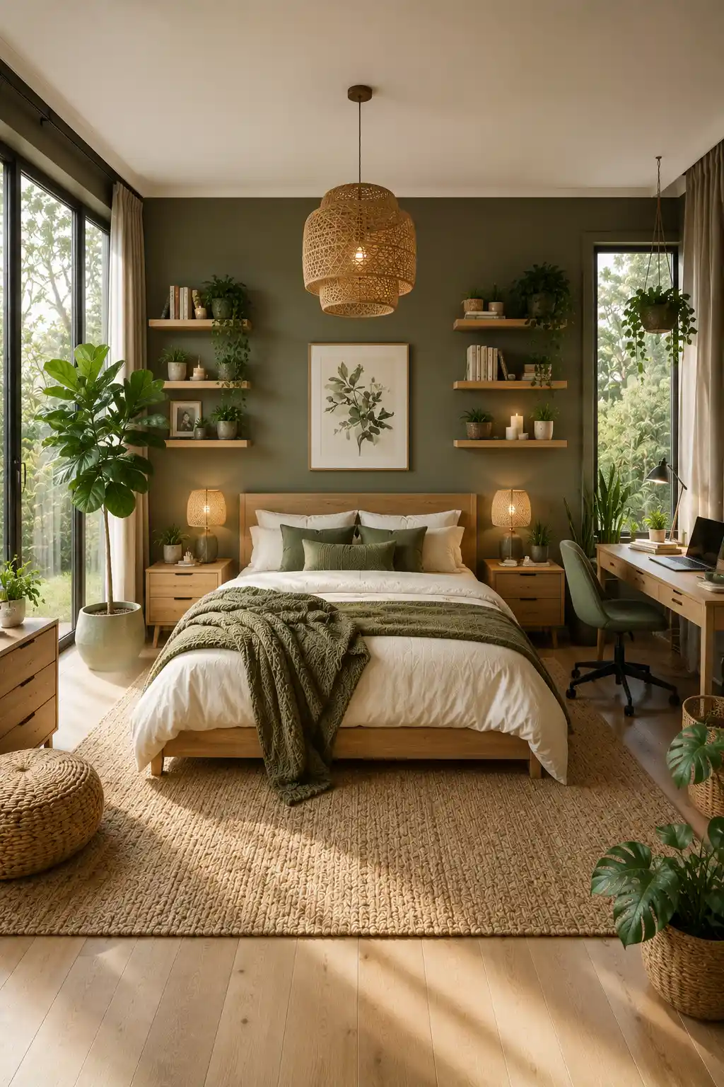 Nature inspired green teen bedroom featuring olive green walls, natural wood furniture, indoor plants, floating shelves, cozy layered bedding, woven lighting, bright study desk, textured rug, and relaxing botanical bedroom decor.