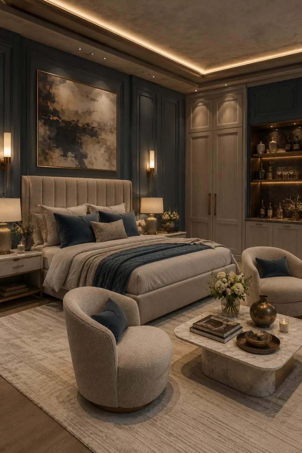 Elegant smoky blue bedroom featuring warm greige bedding, aged bronze lighting, luxury paneled walls, marble furniture, contemporary bedroom decor, modern luxury interior, sophisticated bedroom inspiration, designer room color combination, cozy bedroom ideas, timeless home styling.