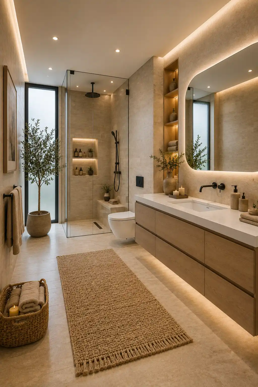 Luxury earth tone master bathroom featuring a floating natural wood vanity, oversized illuminated mirrors, frameless walk in shower, warm beige stone walls, hidden LED lighting, premium décor, indoor olive trees, and elegant contemporary home design.
