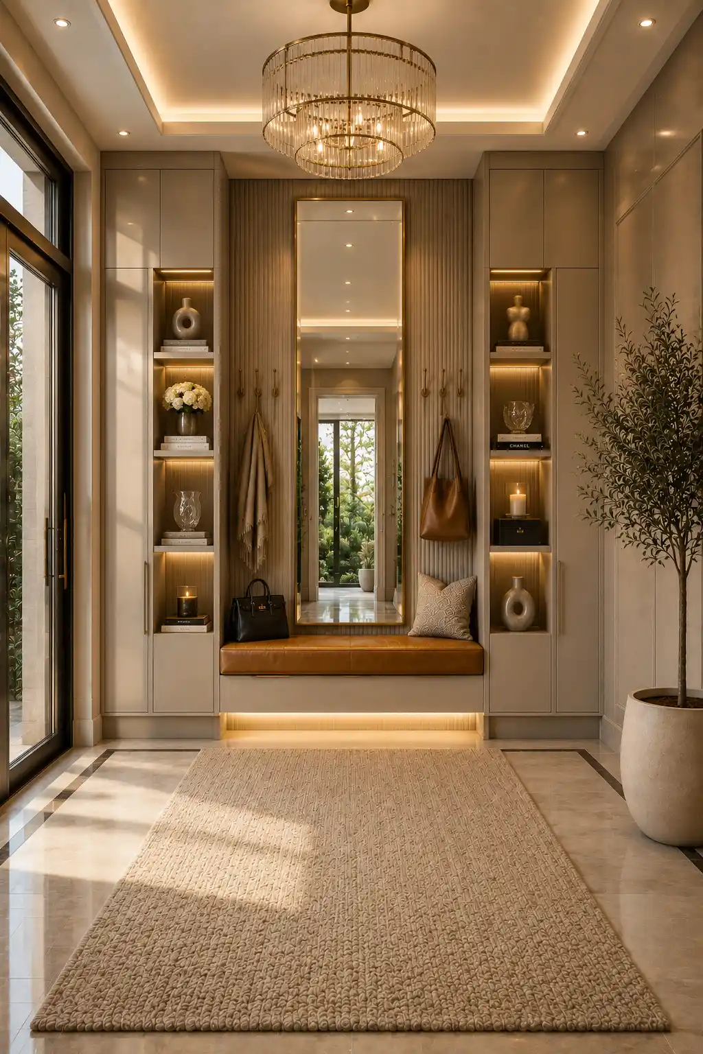 Five star hotel inspired entryway with floor to ceiling taupe cabinetry, hidden shoe storage, leather bench, oversized mirror, bronze hardware, luxury chandelier, illuminated display niches, porcelain flooring, and premium modern entryway organization.