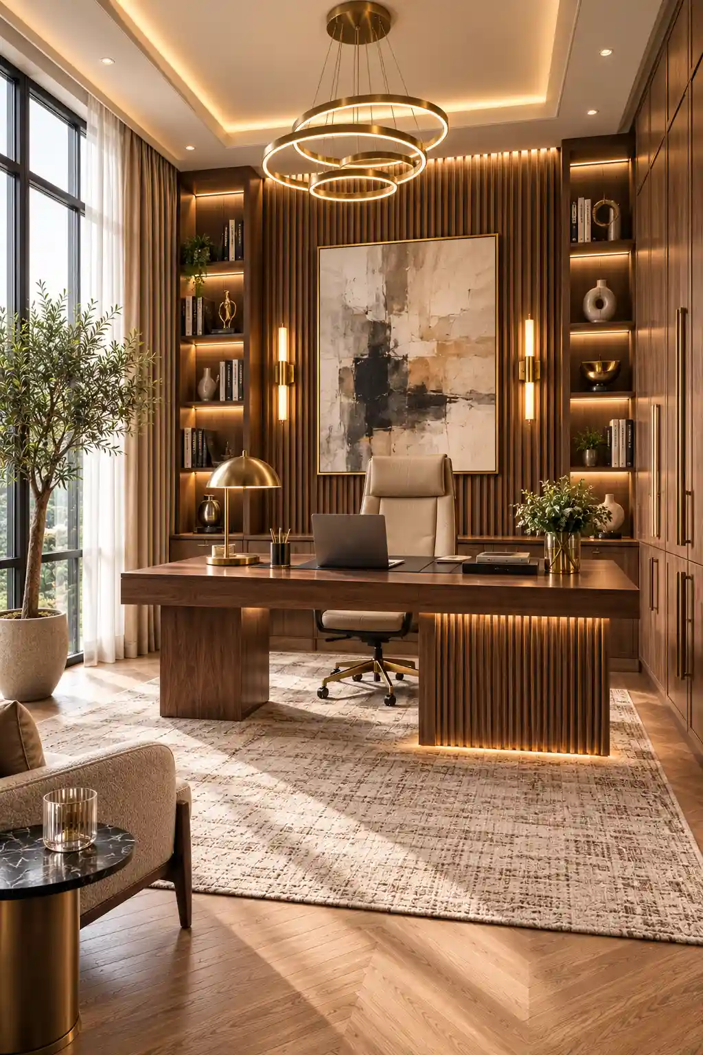 Luxury executive home office featuring a fluted wood feature wall, custom executive desk, illuminated built in cabinetry, designer chandelier, ergonomic chair, brass accents, indoor plants, premium décor, and elegant architectural styling.