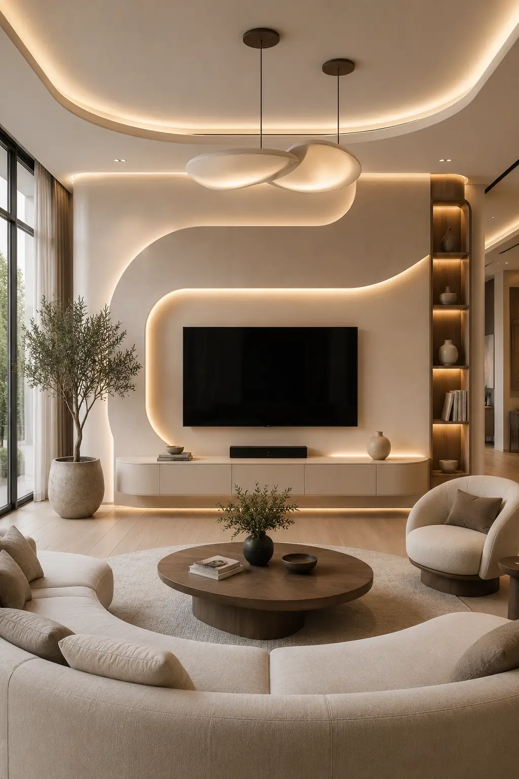 Curved architectural TV wall featuring rounded designer panels, floating curved media console, integrated warm LED lighting, minimalist display niche, luxury neutral interior, and a premium contemporary living room with elegant architectural styling.
