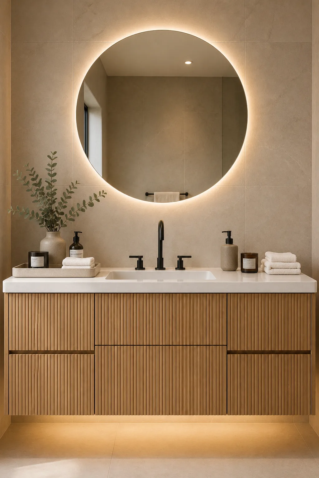 Luxury fluted natural oak floating bathroom vanity with vertical wood texture, white quartz countertop, round LED mirror, matte black faucet, warm LED lighting, minimalist accessories, and modern small bathroom vanity inspiration.