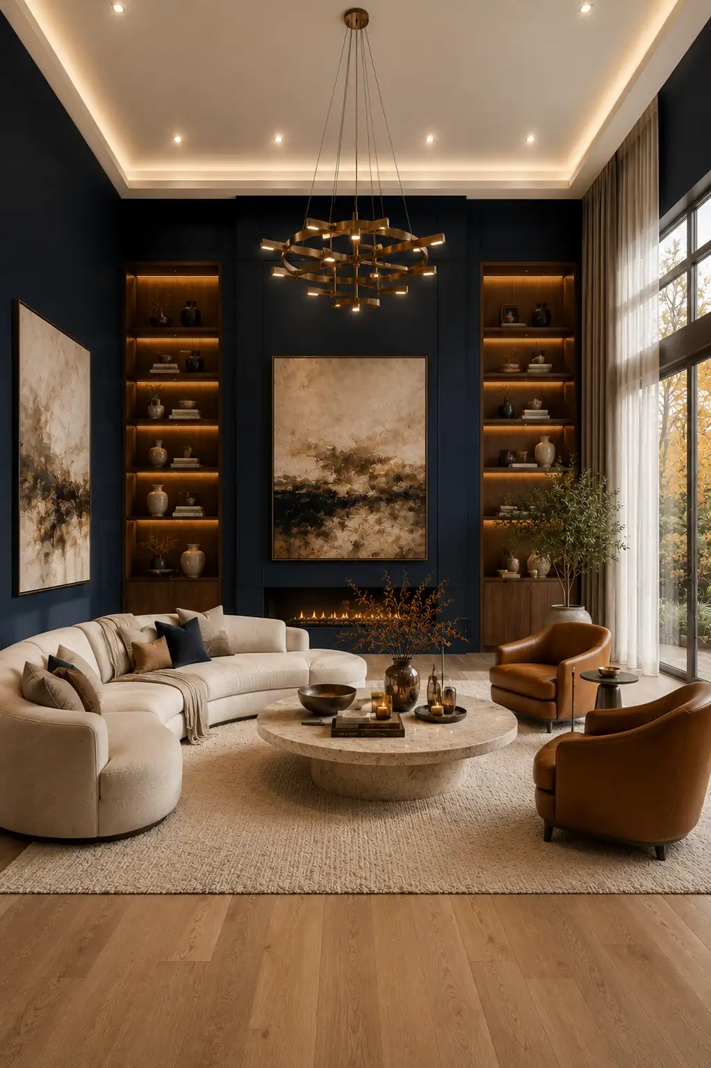 Luxury living room with a deep navy accent wall, modern linear fireplace, illuminated walnut built in shelving, curved cream sectional sofa, cognac leather chairs, sculptural stone coffee table, oversized bronze chandelier, warm oak flooring, elegant fall living room decorating inspiration.