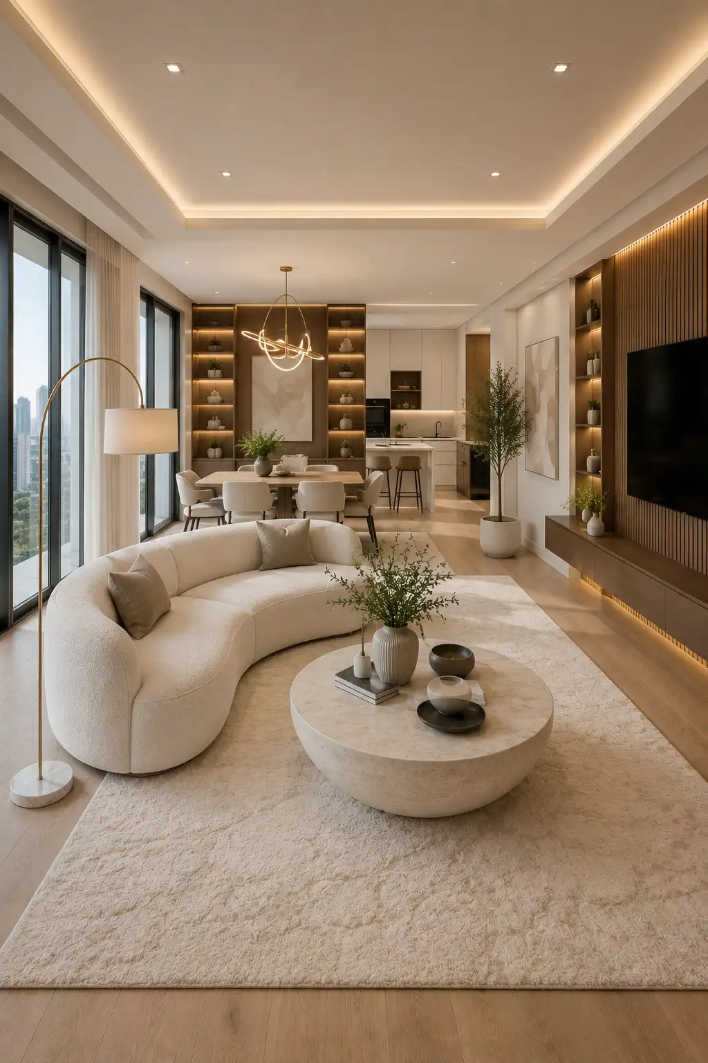 Minimalist curved cream sofa with a large round stone coffee table in a luxury small open living room featuring an oversized textured rug, custom walnut media wall, elegant dining space, modern kitchen, floor-to-ceiling windows, warm oak flooring, neutral contemporary decor, and designer open concept interior.