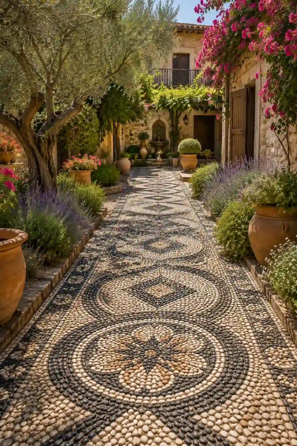 Decorative pebble mosaic garden path featuring intricate stone patterns surrounded by terracotta pots, olive trees, lavender, flowering vines, Mediterranean plants, and natural stone walls, creating an artistic luxury courtyard walkway.