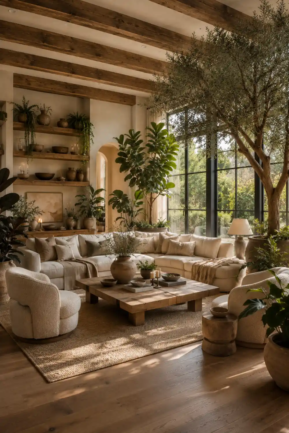 Elegant modern rustic living room featuring a large indoor olive tree, cream sectional sofa, boucle accent chairs, reclaimed wood ceiling beams, handcrafted oak coffee table, floating wood shelves, ceramic planters, woven baskets, oversized black framed windows, and abundant natural light creating a fresh organic living space.