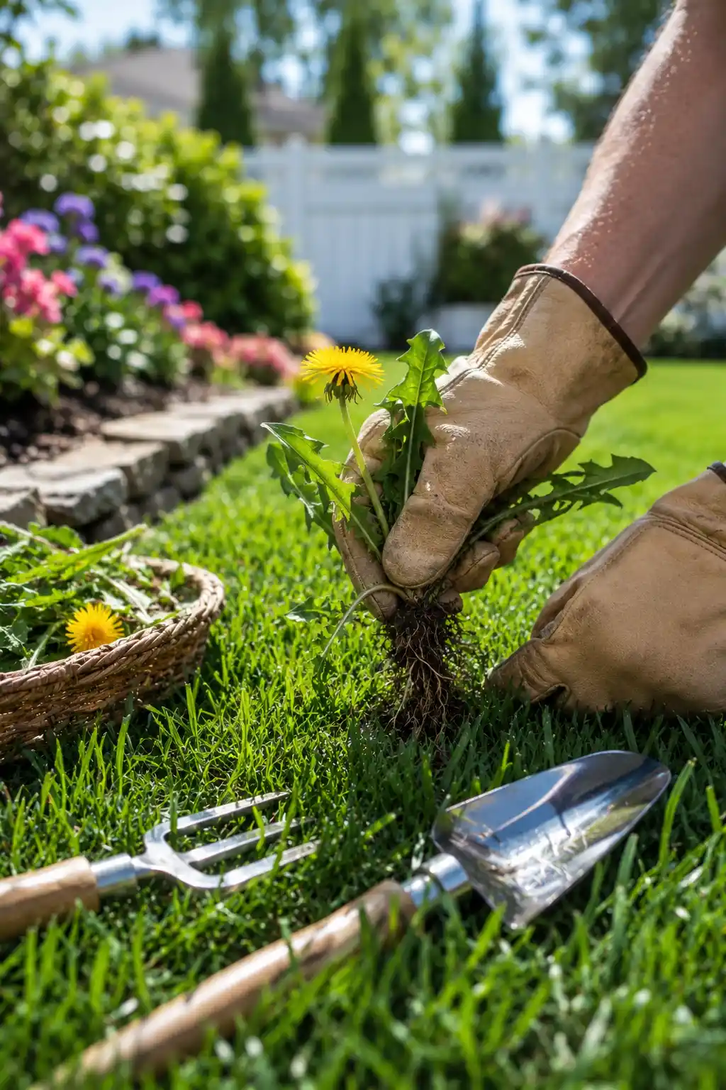 Gardener removing a dandelion weed with the entire root system from a healthy green lawn using gardening gloves and hand tools, preventing weed spread, protecting thick grass, backyard landscaping, and natural lawn care maintenance.