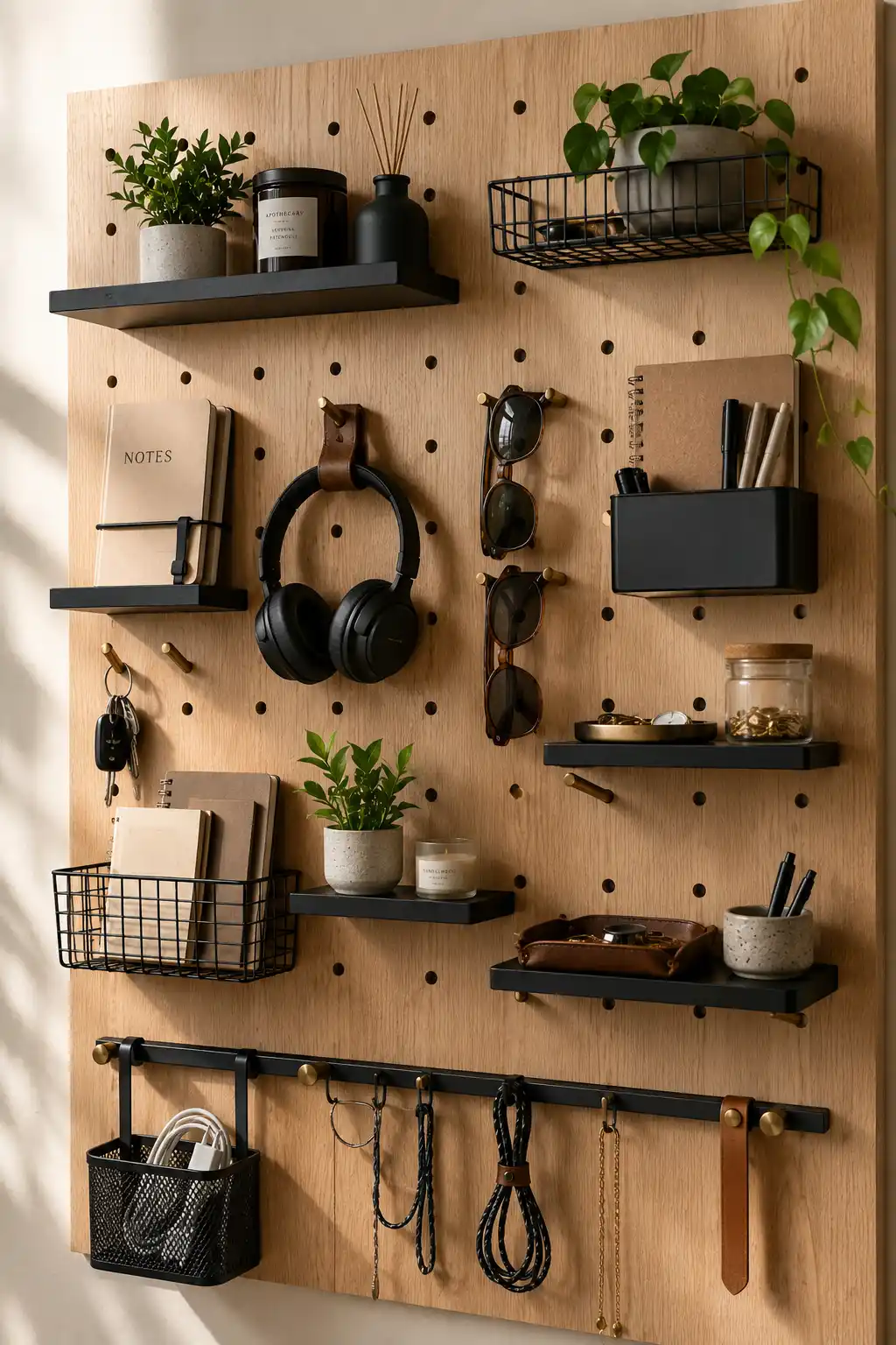 Modern wooden pegboard wall storage with floating shelves, baskets, hooks, notebooks, jewelry, chargers, plants, and decorative accessories, creating a customizable organization system for a small bedroom.