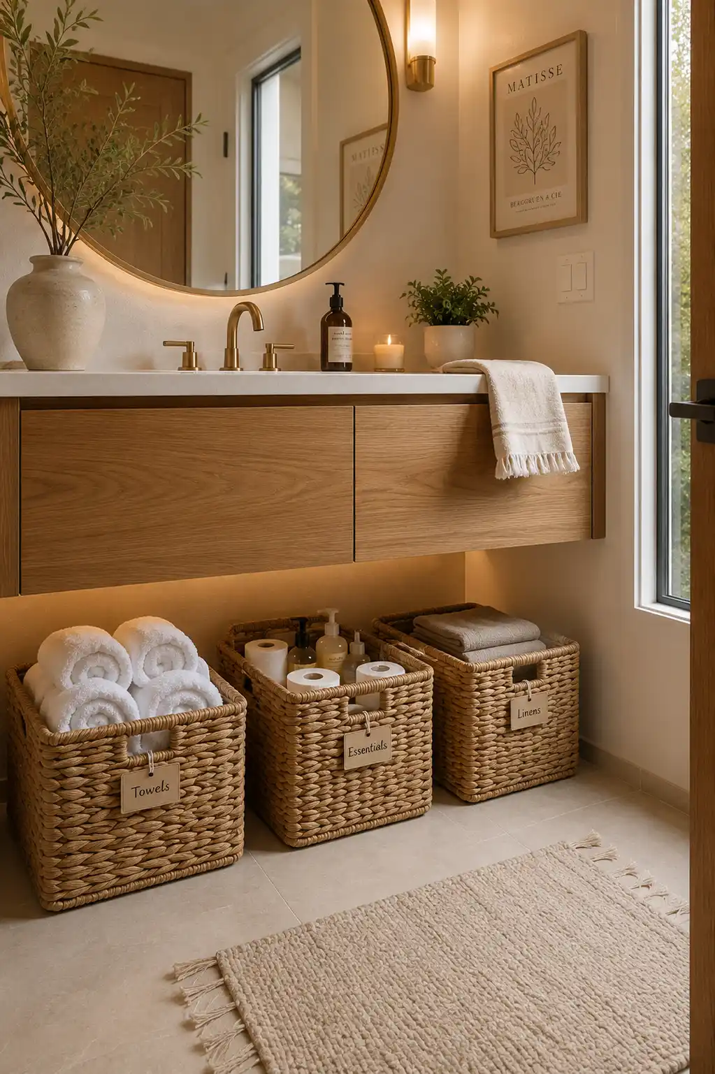 Beautiful guest bathroom organized with matching labeled woven baskets for towels, toiletries, linens, and essentials beneath a floating vanity creating clean and stylish modern bathroom storage decor.