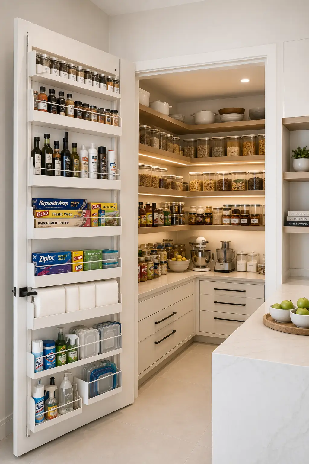 Modern pantry door storage system featuring built in shelves for spices, cooking oils, food wraps, storage bags, pantry essentials, white cabinetry, natural oak shelving, warm LED lighting, and space saving pantry organization ideas for contemporary kitchens.