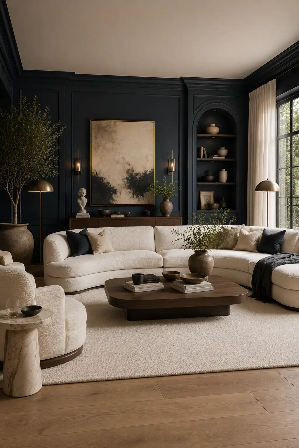 Elegant charcoal blue and warm ivory living room featuring charcoal blue paneled walls, curved warm ivory sectional sofa, dark walnut coffee table, marble side table, arched built in shelving, oversized abstract artwork, brass wall sconces, indoor olive trees, textured ivory rug, light oak flooring, linen curtains, and luxurious modern interior styling.