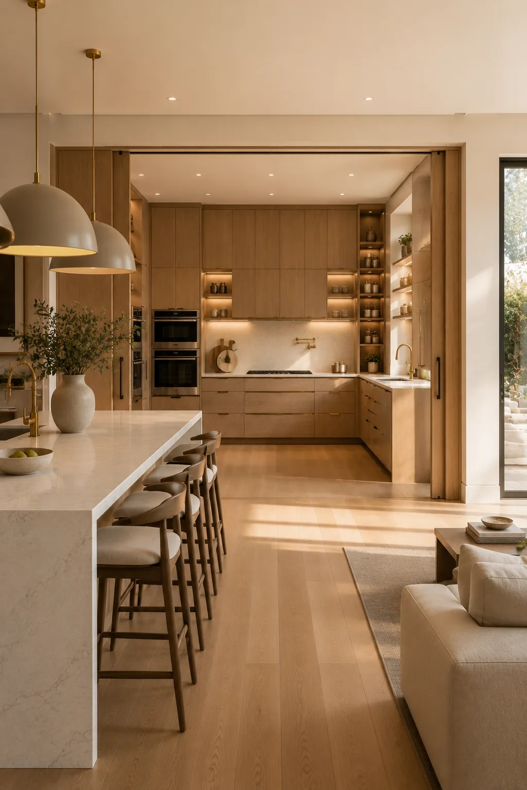Luxury hidden prep kitchen behind floor to ceiling pocket doors featuring integrated double ovens, custom cabinetry, quartz countertops, floating shelves, warm LED lighting, secondary cooking space, concealed kitchen design, modern open concept home, and elegant white oak interior.