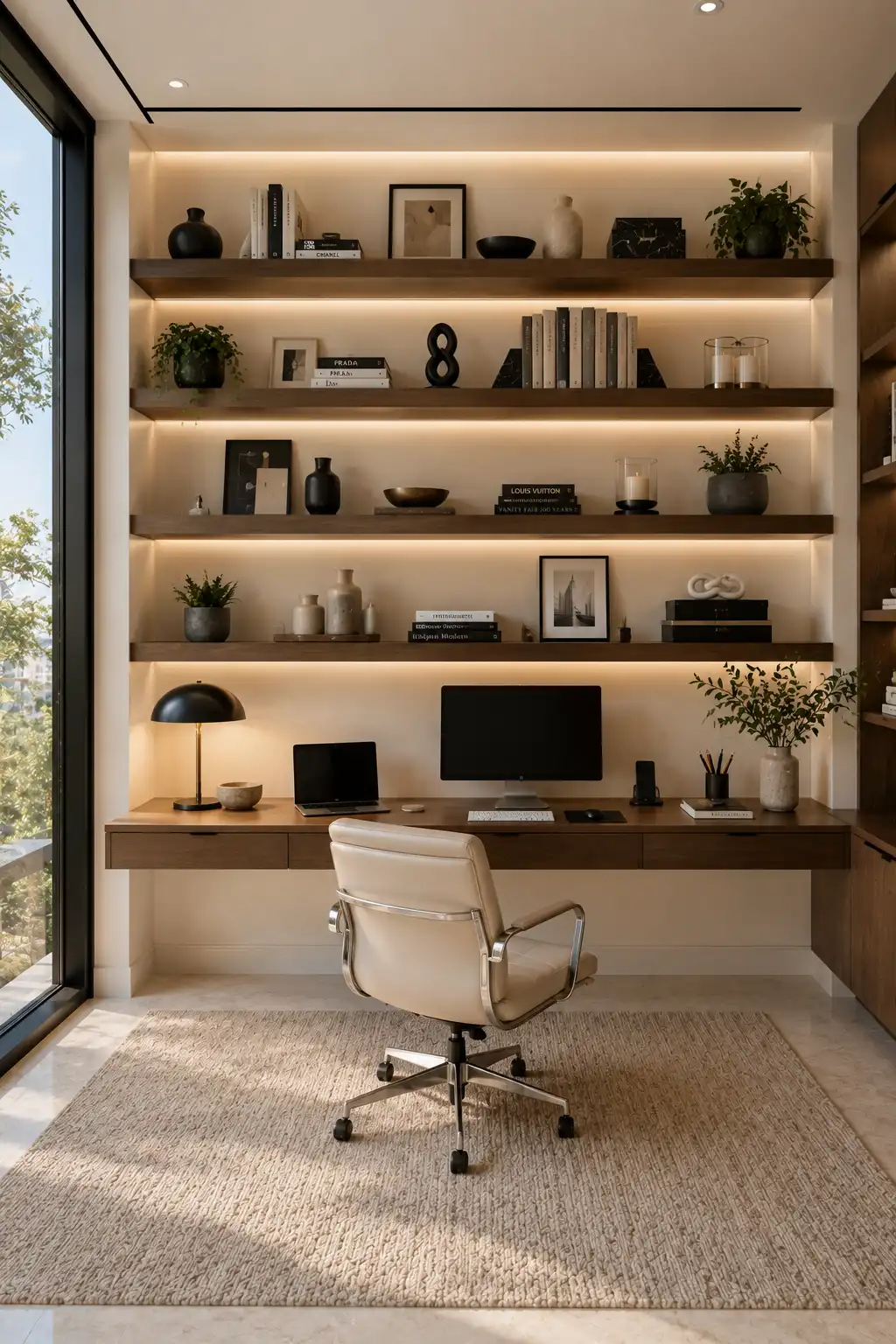 Modern small home office ideas with custom floating wood shelves, integrated LED lighting, floating desk, decorative books, framed artwork, elegant office accessories, ergonomic chair, luxury workspace, contemporary office styling, home office inspiration.
