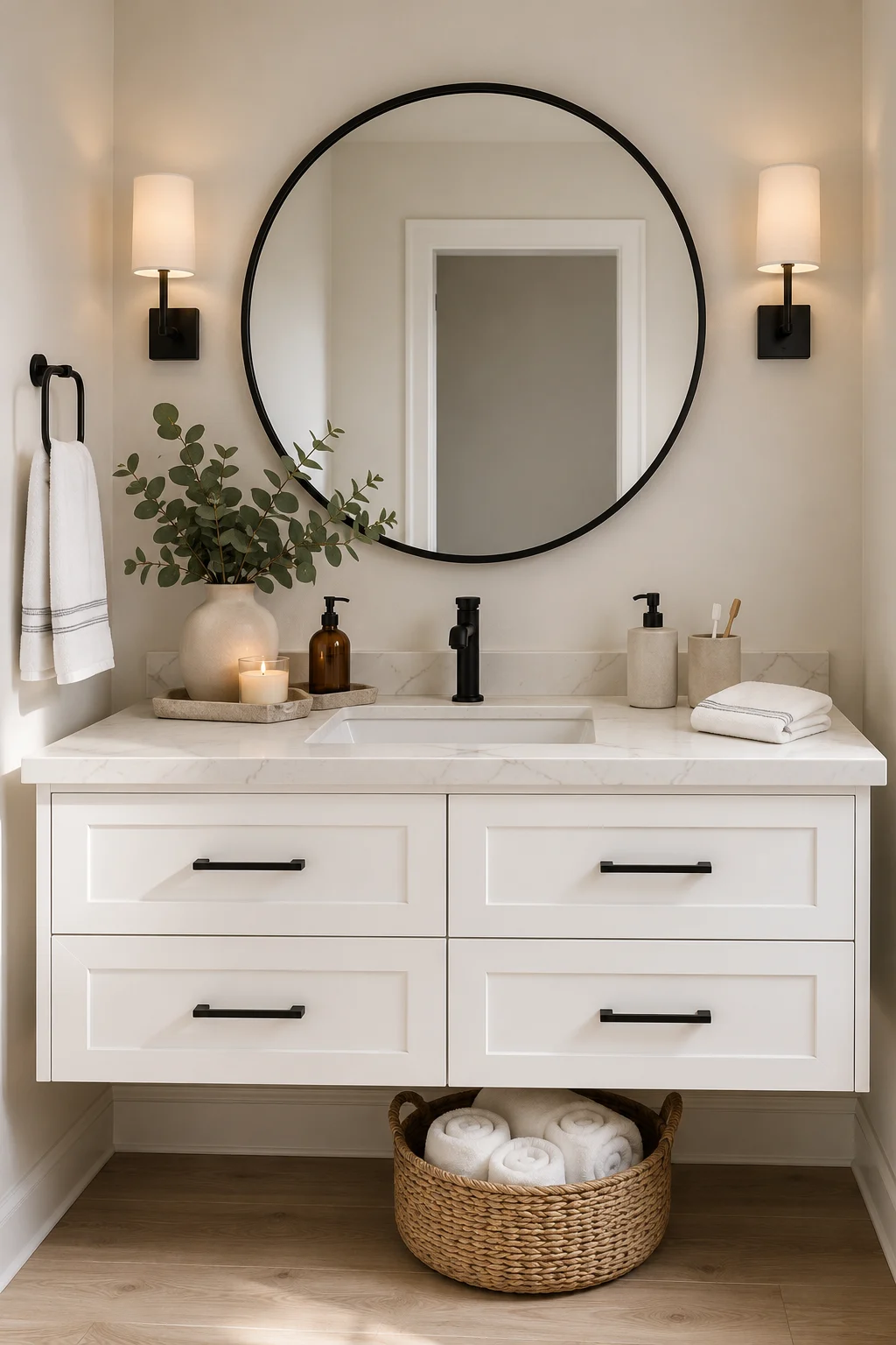White shaker bathroom vanity with oversized round mirror, matte black faucet, wall sconces, eucalyptus vase, candle, woven basket, marble countertop, modern vanity styling, luxury bathroom makeover ideas, budget bathroom remodel inspiration.