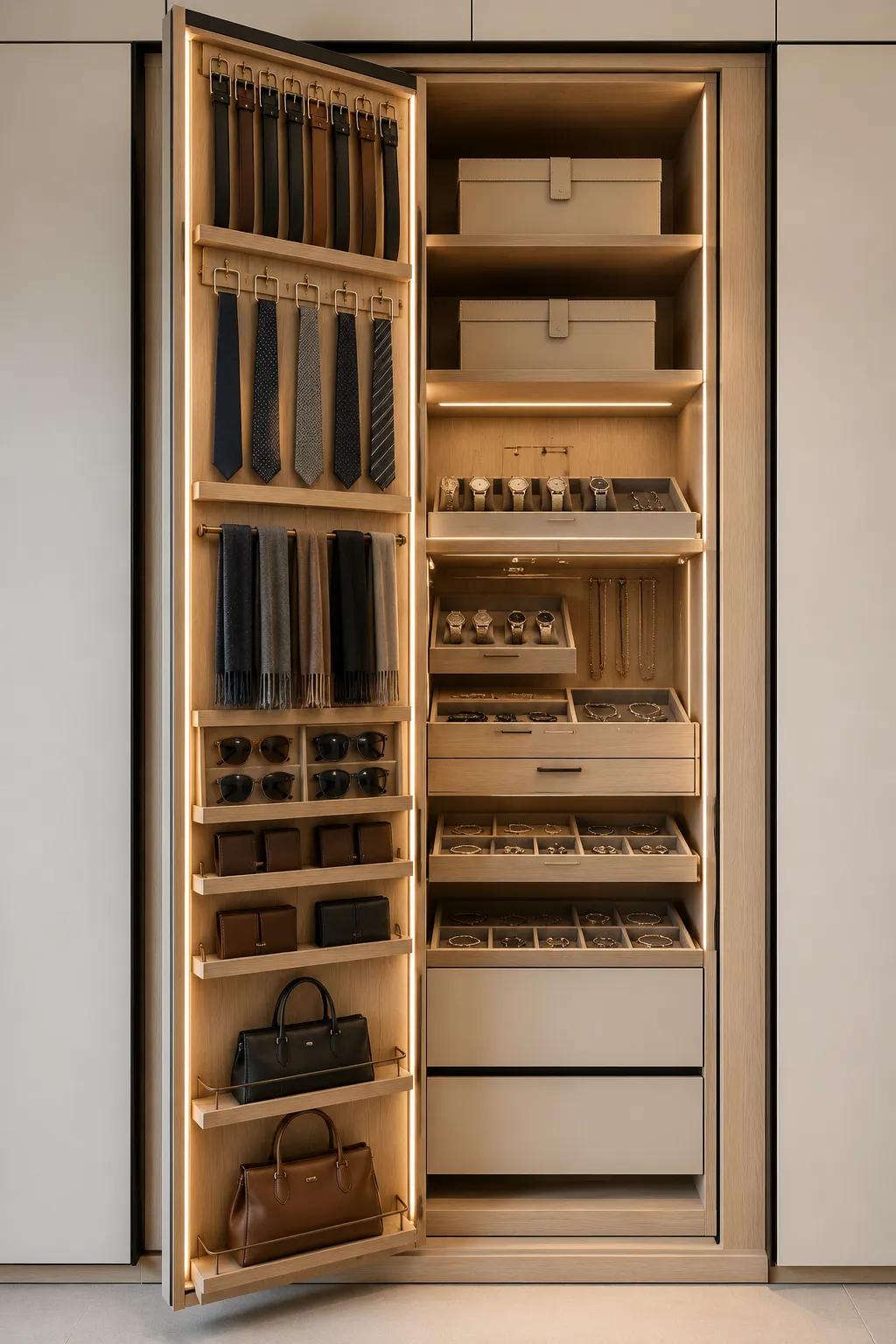 Multi functional closet door organizer featuring handbags, belts, scarves, sunglasses, watches, jewelry trays, shallow storage shelves, premium wood cabinetry, built in LED lighting, hidden accessory storage, and clever small closet organization ideas for maximizing space.