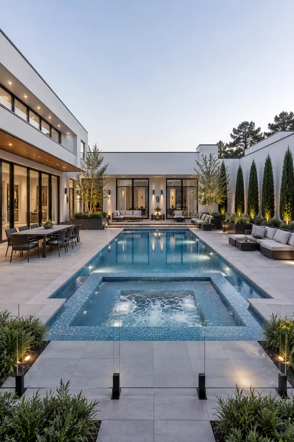 Luxury backyard pool with integrated flush spa, blue mosaic tile finish, contemporary white architecture, premium outdoor lounge furniture, porcelain pavers, landscaped privacy hedges, elegant lighting, and modern resort style backyard design.