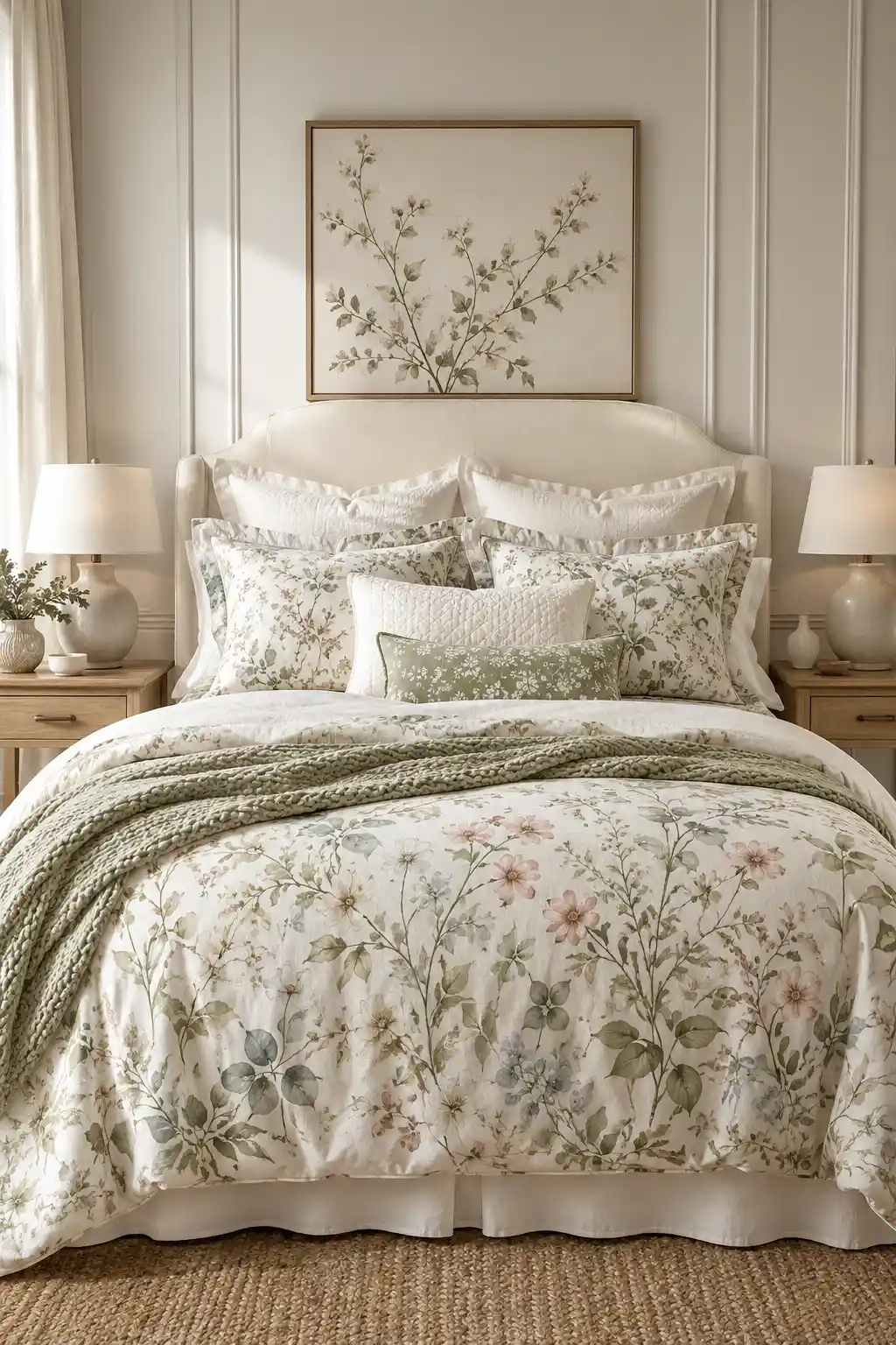 Luxury bedroom featuring soft floral bedding with botanical duvet cover, layered ivory pillows, knitted throw blanket, upholstered headboard, and matching botanical artwork creating a bright spring bedroom retreat.