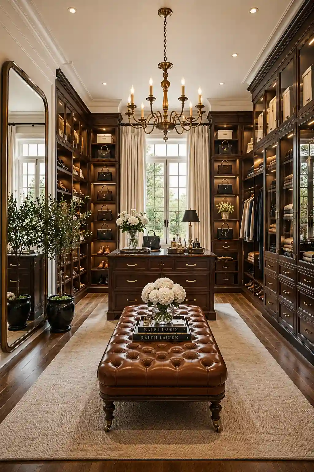 Luxury Ralph Lauren walk in closet with custom walnut cabinetry, glass display cabinets, leather tufted bench, center storage island, designer handbag display, elegant chandelier, full length mirror, fresh flowers, hardwood flooring, boutique inspired organization, and timeless dressing room decor.