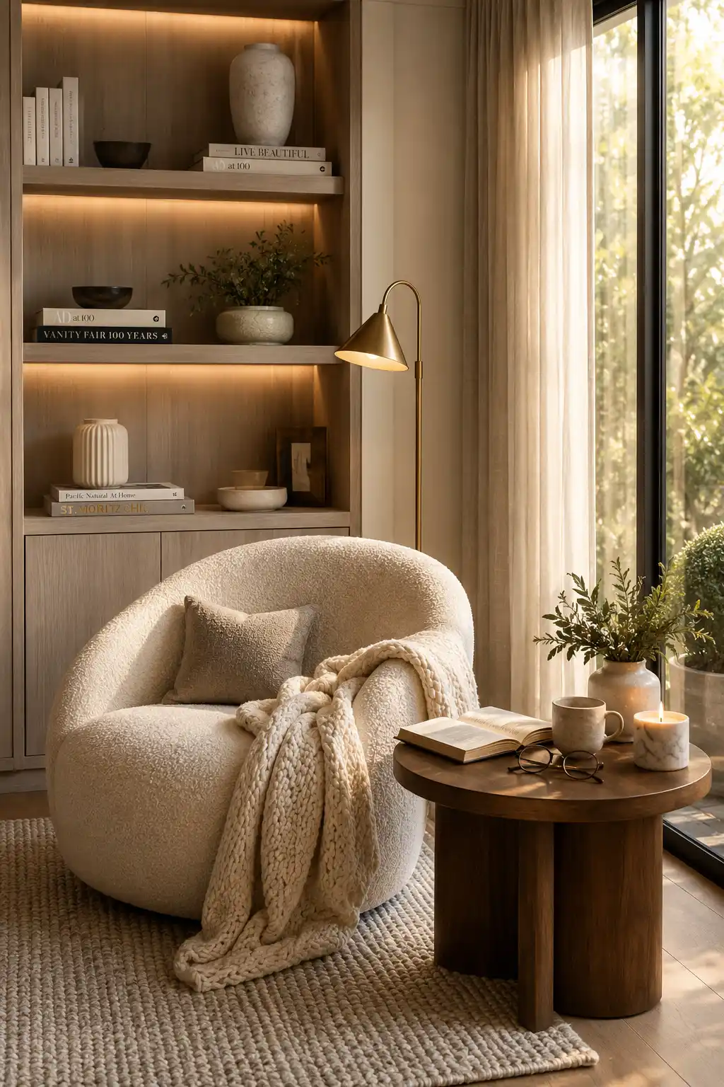 Modern bouclé reading nook with oversized curved bouclé chair, walnut side table, built in shelving, warm LED lighting, textured rug, cozy throw blanket, and elegant luxury reading corner decor.