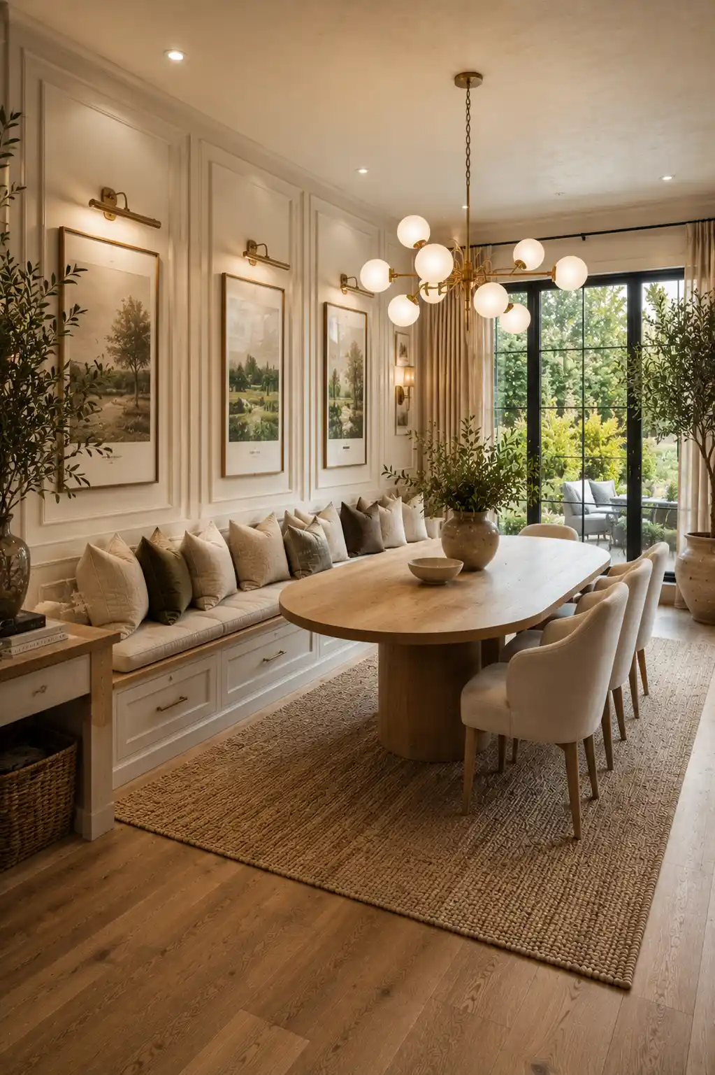 Classic wall panel molding with built in banquette seating, oval oak dining table, brass chandelier, upholstered dining chairs, custom dining bench, elegant breakfast nook, luxury dining room ideas, traditional wall molding, timeless built in seating inspiration.