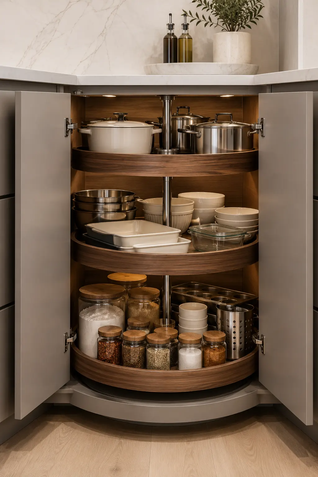 Premium multi tier Lazy Susan kitchen corner cabinet with three rotating wooden shelves storing cookware, Dutch ovens, pantry jars, baking supplies, glass containers, and kitchen essentials. Contemporary kitchen corner storage solution with smooth rotating organization and luxury finishes.
