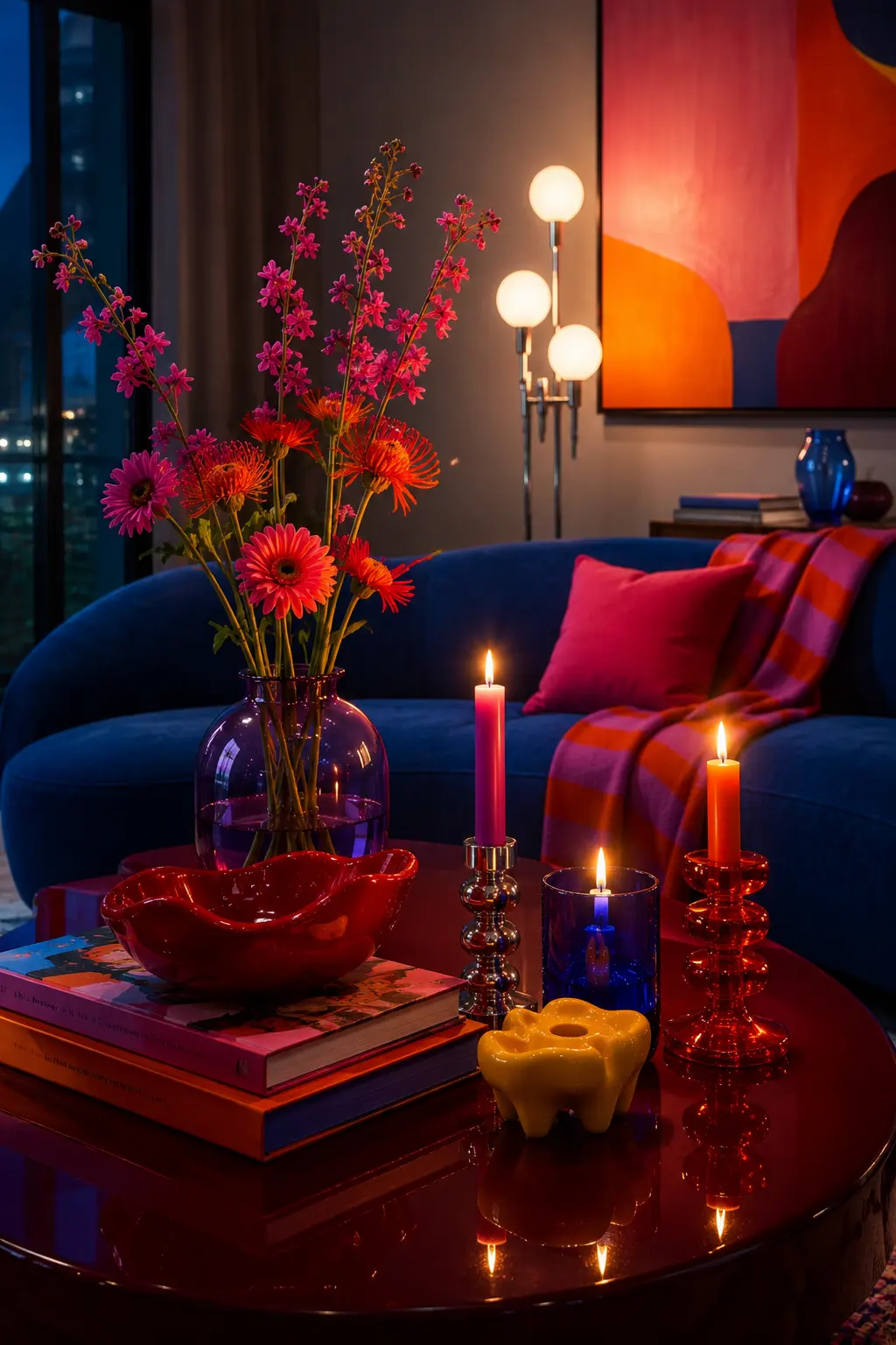 Moody modern living room with a glossy burgundy coffee table styled with colorful art books, sculptural ceramic bowls, jewel tone glass candle holders, glowing candles, and a violet vase filled with tall pink and orange seasonal flowers.