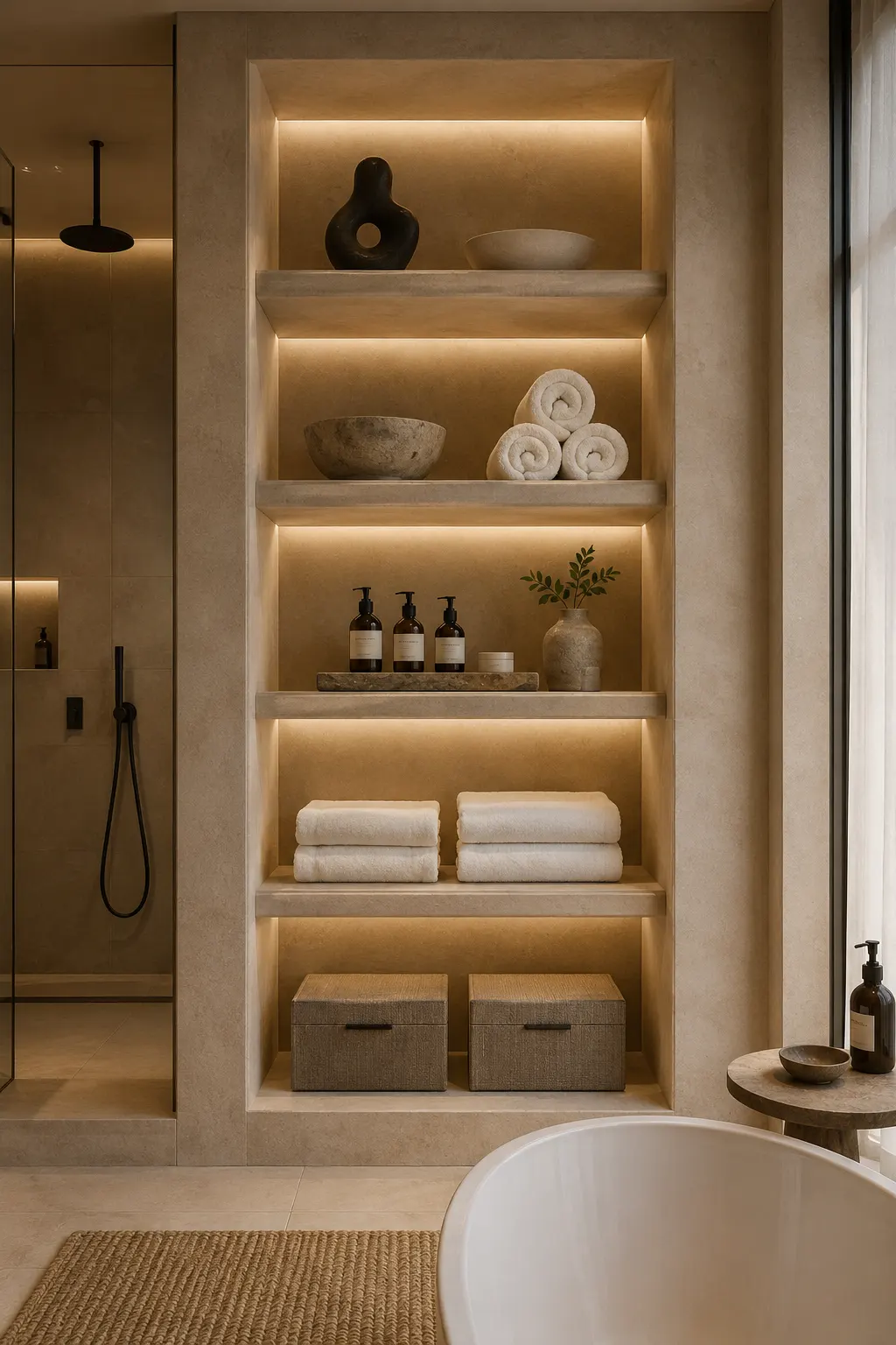 Luxury spa inspired bathroom featuring a tall vertical towel storage alcove with illuminated built in shelves, rolled towels, folded bath linens, skincare bottles, storage boxes, and sculptural decor.