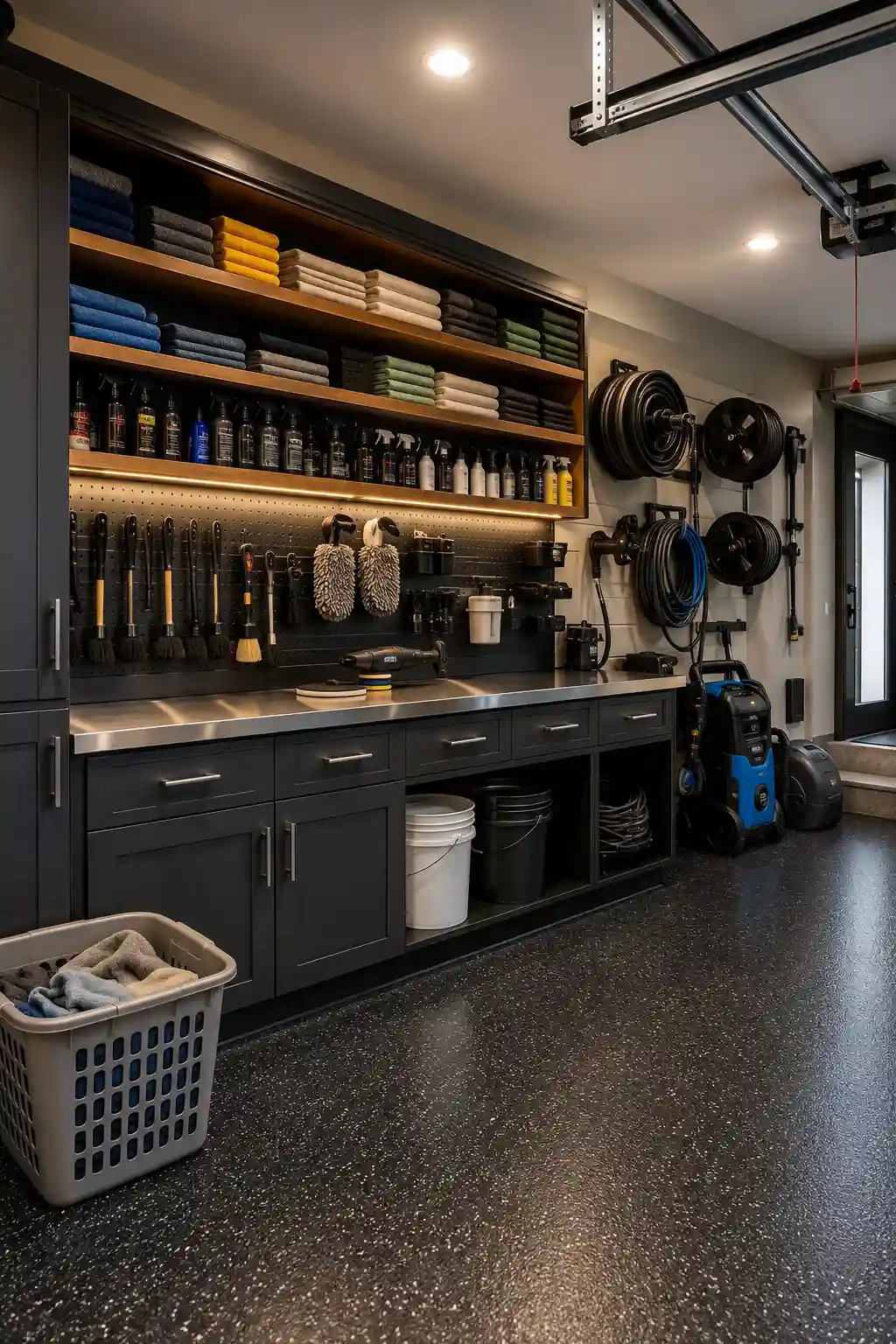 Professional garage car care storage wall featuring dark cabinetry, open wood shelves filled with neatly folded microfiber towels, organized detailing products, brushes, wash mitts, buckets, polishing tools, pressure washing equipment, and wall mounted hose reels. A durable work surface and dedicated storage zones create an efficient home auto detailing station.