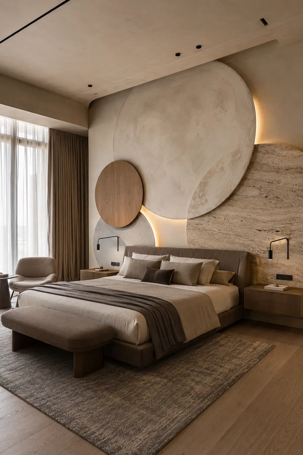 Modern luxury bedroom featuring oversized layered circular wall panels above and behind the headboard, combining textured plaster, warm wood, natural stone, concealed lighting, neutral bedding, floating nightstands, and sophisticated contemporary bedroom decor.