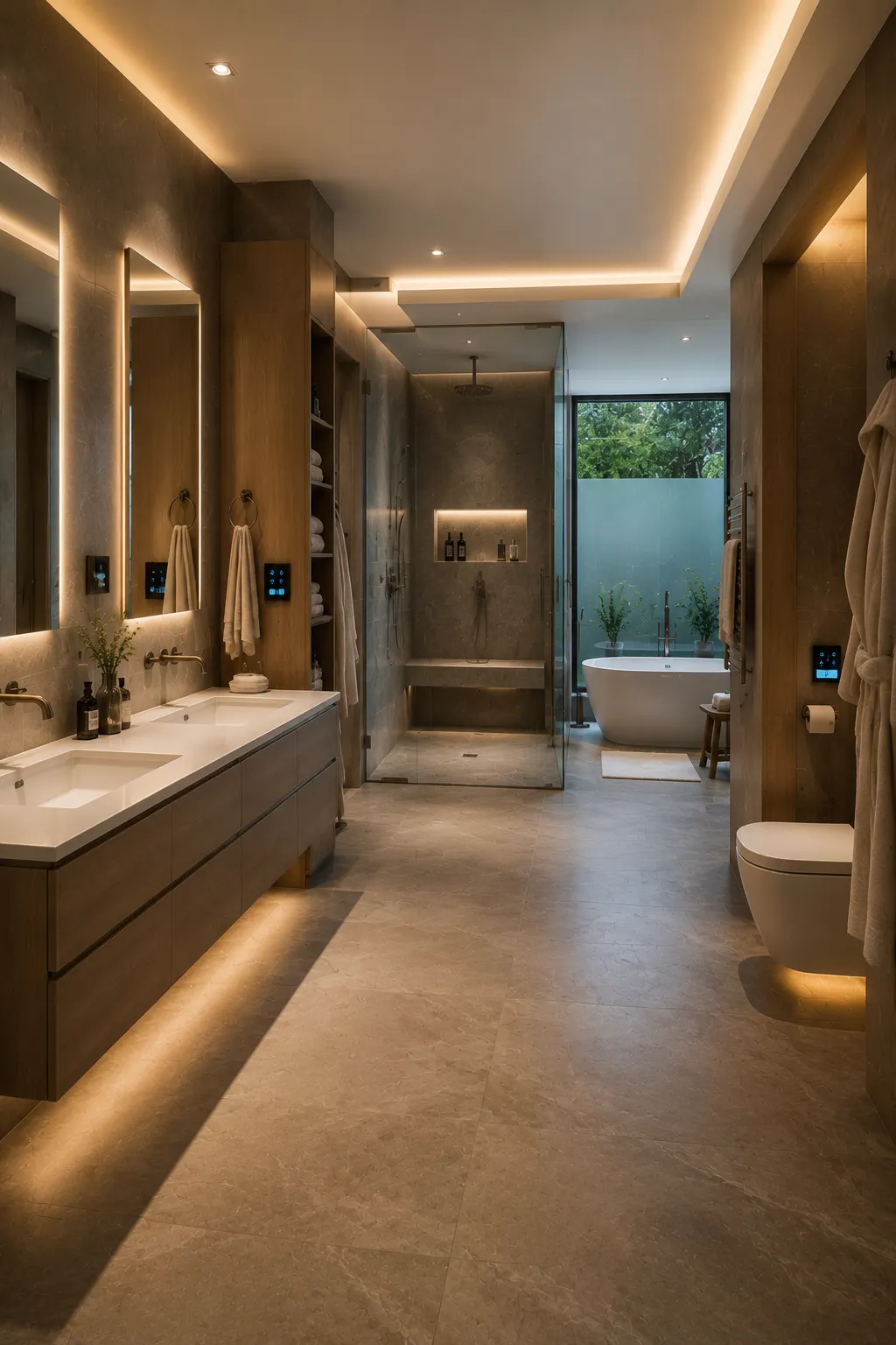 Smart technology spa bathroom featuring digital shower controls, a spacious glass rain shower with built in bench, illuminated anti fog mirrors, floating double vanity, smart toilet, freestanding soaking tub, heated towel rail, concealed storage, and layered motion activated lighting.