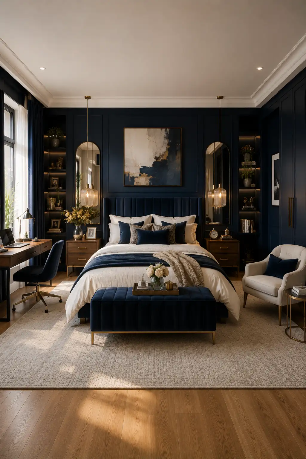 Luxury navy blue teen bedroom featuring elegant gold lighting, upholstered headboard, velvet bench, warm walnut furniture, decorative mirrors, premium bedding, built in shelves, and sophisticated contemporary bedroom design.