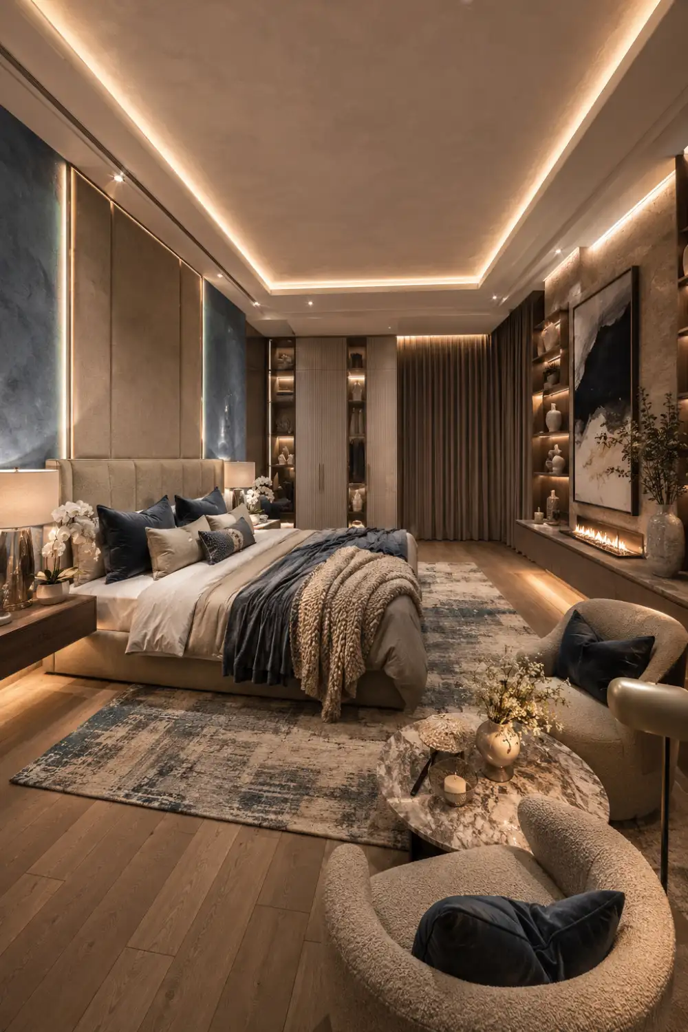 Luxury slate blue bedroom with cashmere beige furniture, brushed nickel accents, marble coffee table, modern bedroom decor, elegant neutral bedroom, contemporary interior styling, designer bedroom inspiration, sophisticated room color combination, luxury home decor ideas, cozy modern bedroom.