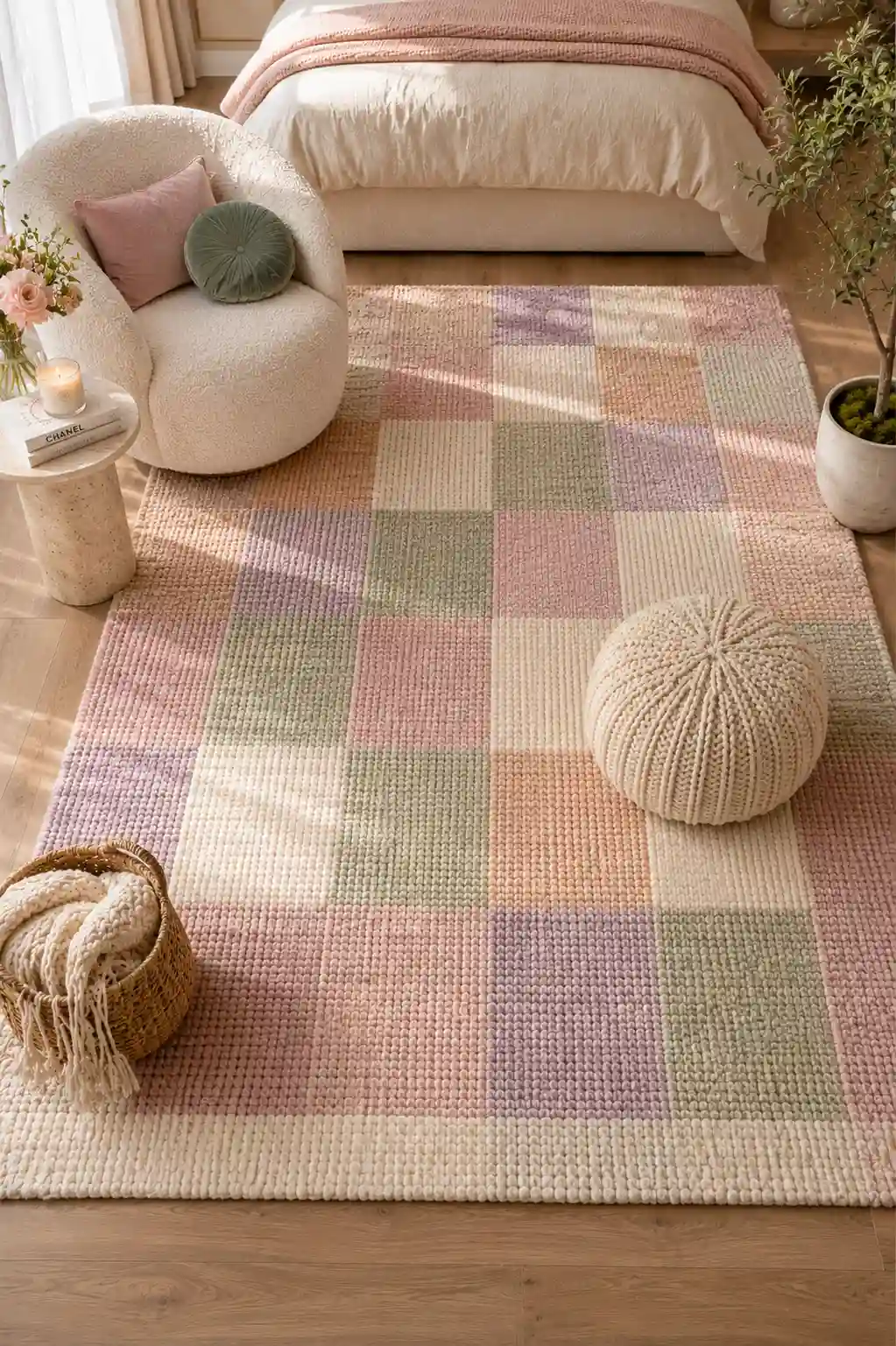 Soft pastel checkered area rug placed beneath a modern bed with cozy furniture, warm neutral decor, layered textures, and stylish teen girl bedroom inspiration for Pinterest.