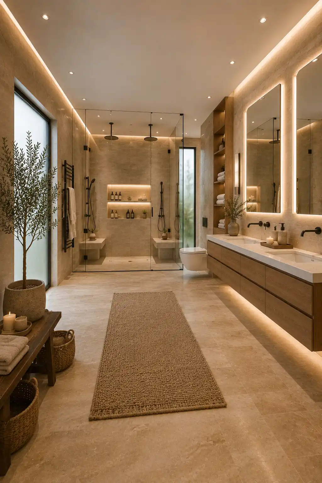 Modern luxury double vanity earth tone bathroom with floating wood cabinets, oversized backlit mirrors, dual rainfall showerheads, frameless glass shower, warm beige stone tiles, indoor greenery, and premium contemporary residential bathroom design.