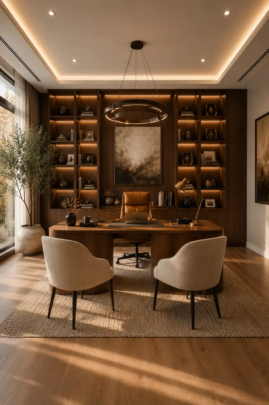 Luxury modern home office with a custom walnut executive desk, leather office chair, illuminated floor to ceiling bookshelves, upholstered guest chairs, warm oak flooring, indoor olive tree, decorative ceramics, sculptural chandelier, elegant workspace, luxury office decorating inspiration.