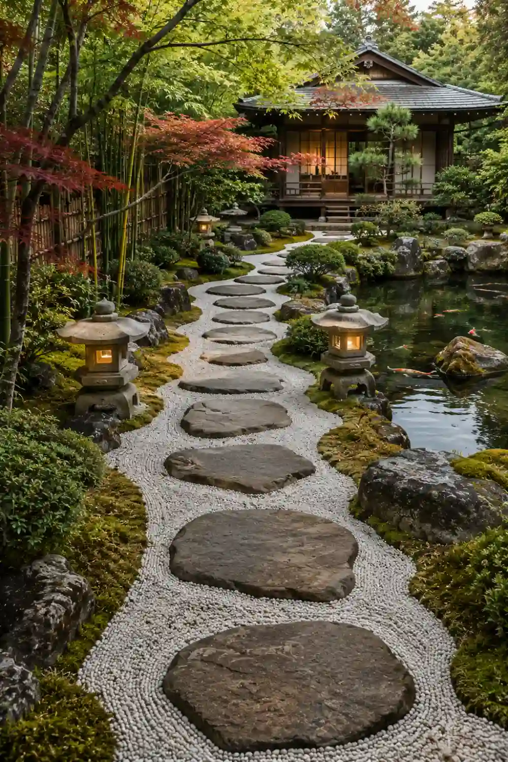 Japanese Zen stepping stone garden path surrounded by white gravel, moss covered rocks, bamboo, Japanese maple trees, stone lanterns, and a peaceful koi pond, creating a tranquil outdoor retreat with timeless Zen landscaping.