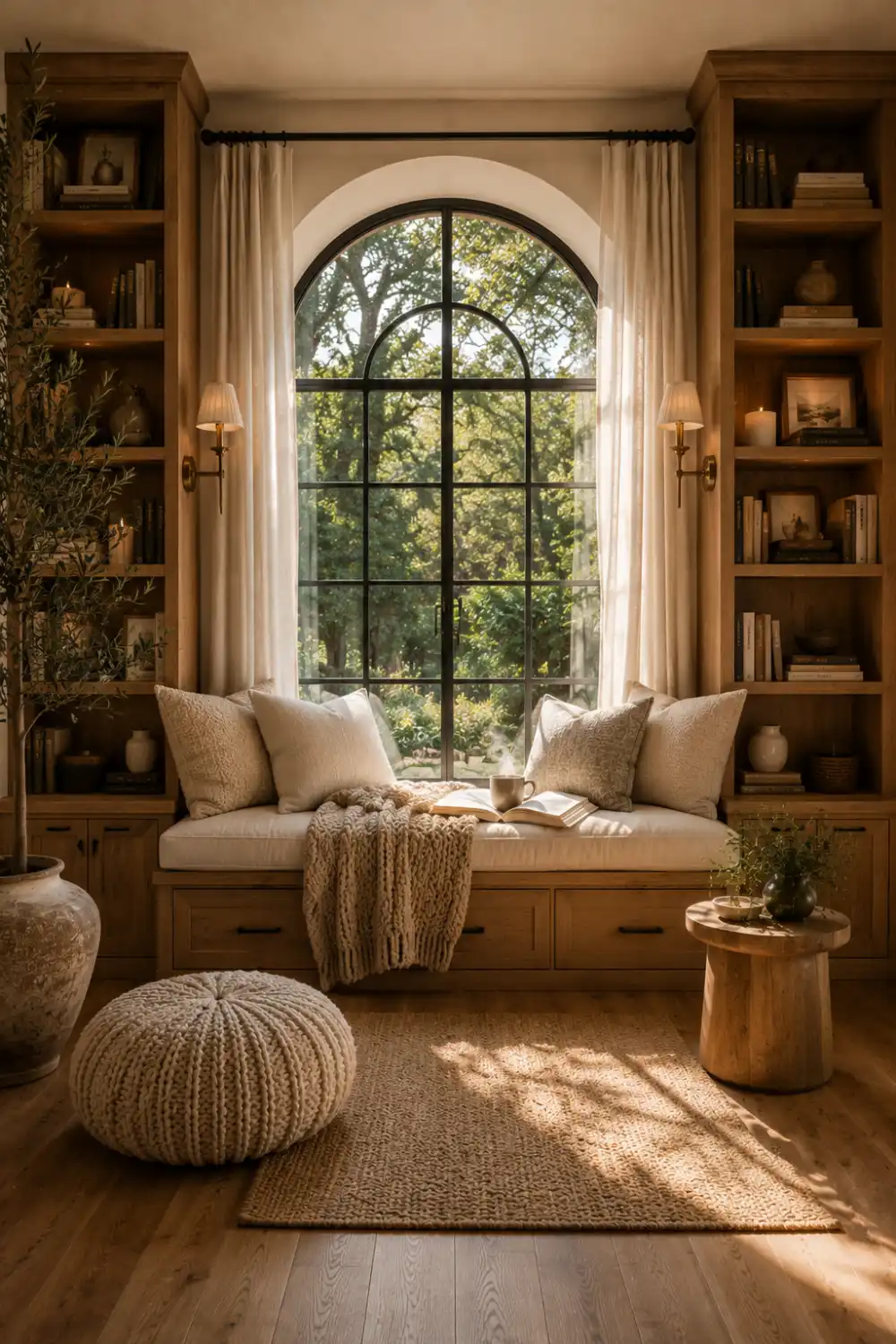 Luxury modern rustic reading nook featuring a custom built in oak window seat, thick linen cushions, chunky knit throw blanket, floor to ceiling bookshelves, brass wall sconces, ceramic coffee mug, oversized arched black framed window overlooking lush greenery, warm oak flooring, and soft afternoon sunlight.