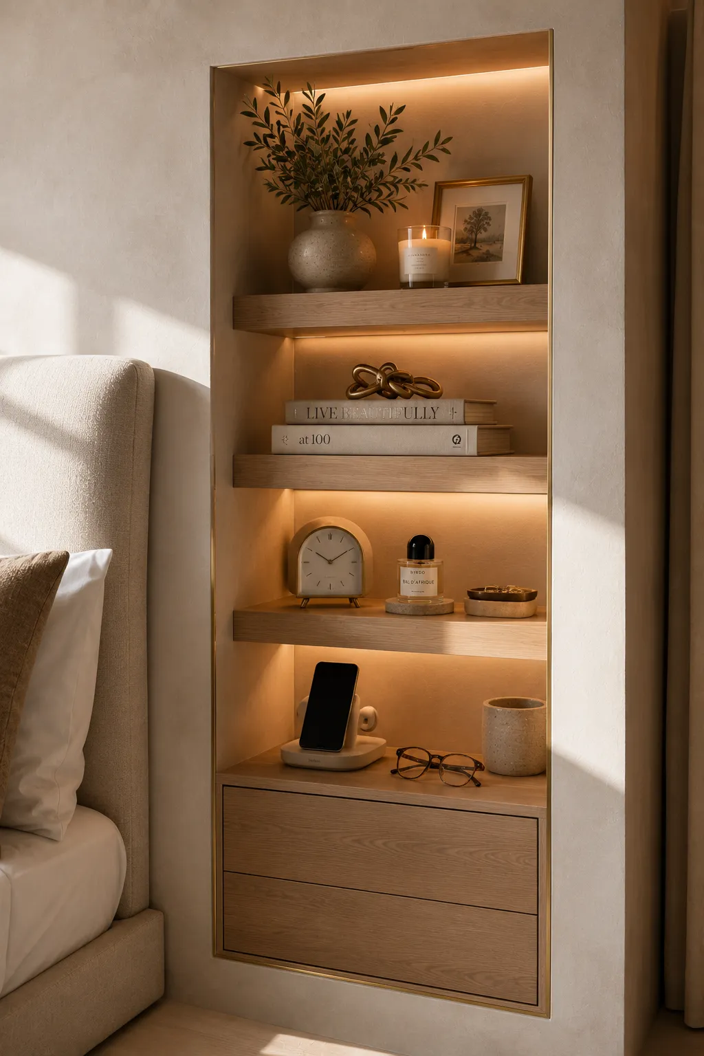 Built in bedside wall niche with floating shelves, hidden storage, LED lighting, books, charging station, decorative accessories, and modern bedroom essentials, offering a stylish space saving storage solution.