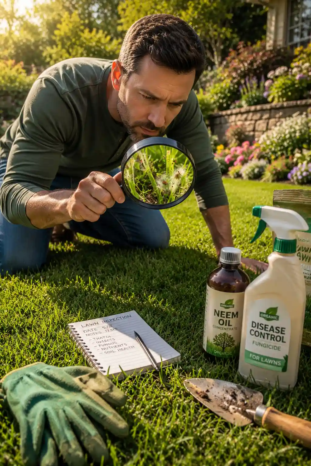 Homeowner inspecting healthy lawn grass with a magnifying glass to identify early signs of lawn pests and fungal diseases, using organic lawn treatments, preventive lawn care, backyard maintenance, and healthy grass management.
