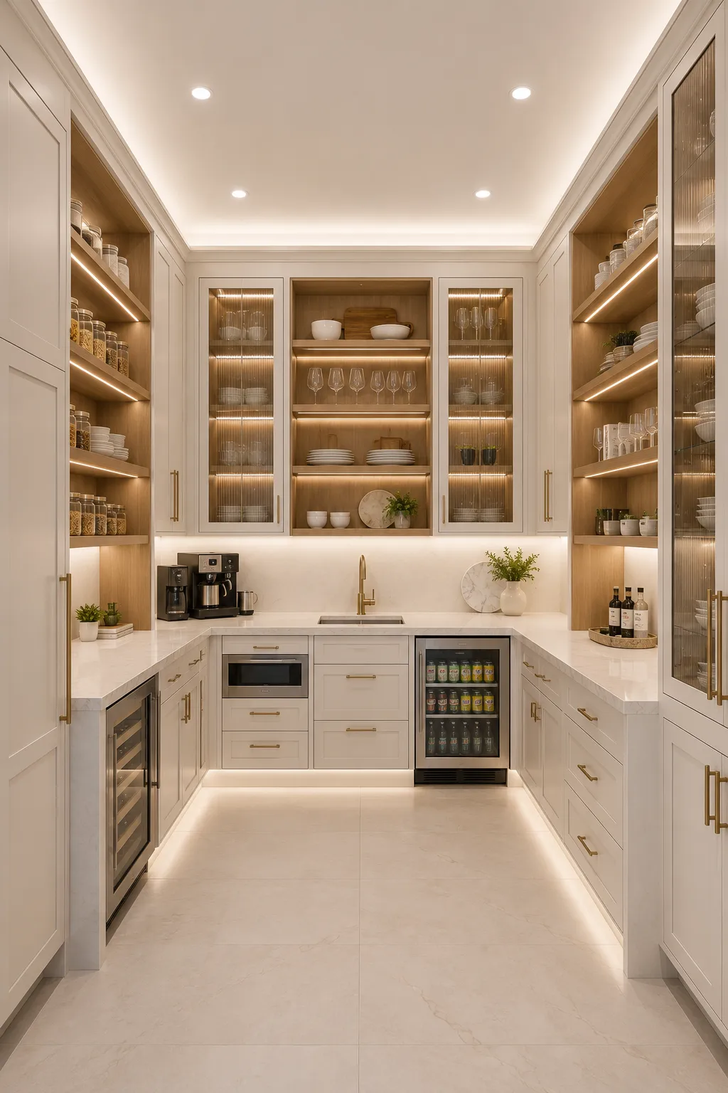Luxury butler's pantry featuring floor to ceiling custom cabinetry, white quartz countertops, open white oak shelving, coffee station, beverage refrigerator, glass display cabinets, warm LED lighting, premium storage solutions, and elegant modern pantry organization ideas for upscale homes.