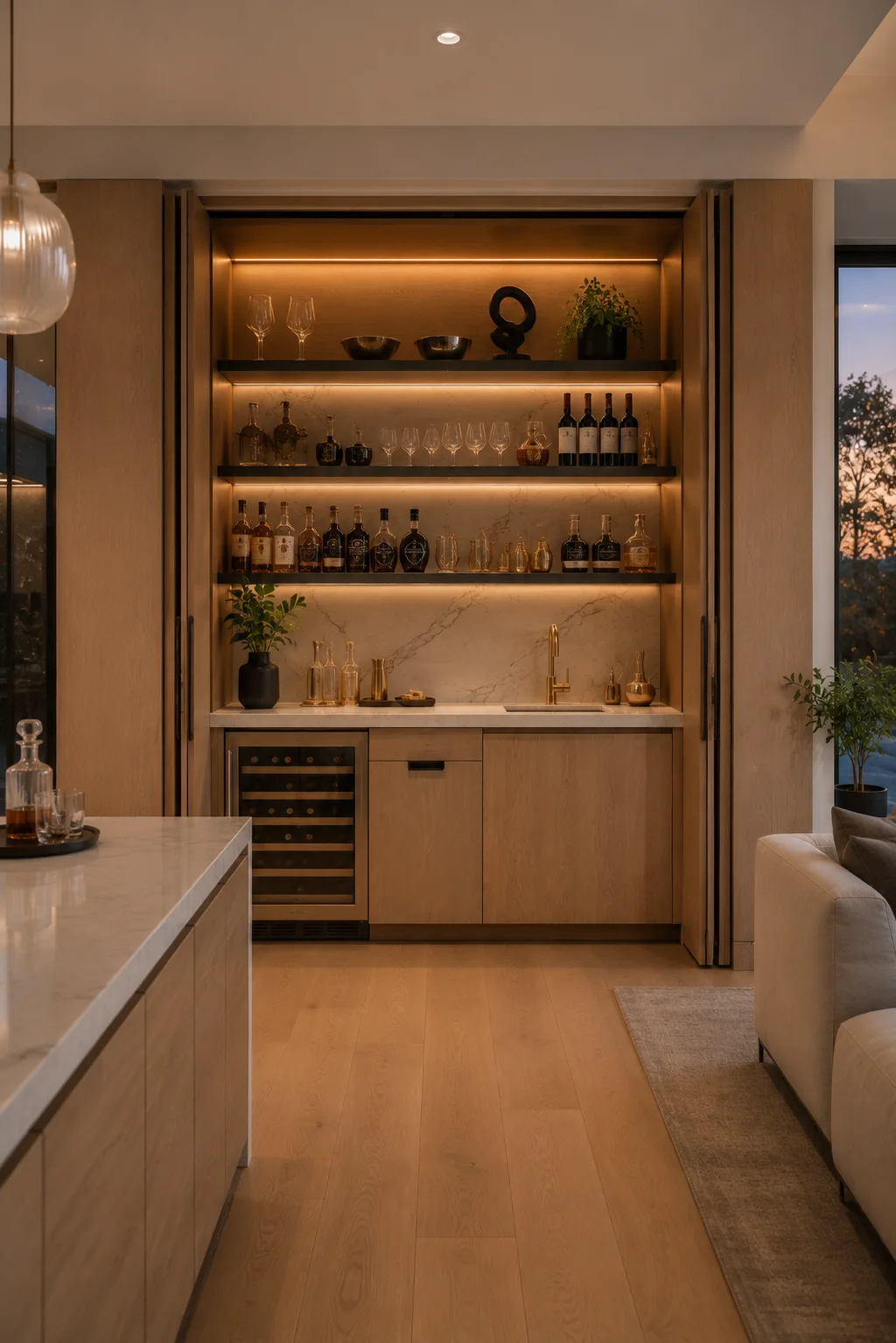 Luxury hidden home bar behind pocket doors featuring illuminated floating shelves, premium wine bottles, crystal glassware, built in wine cooler, marble backsplash, brass sink faucet, warm LED lighting, white oak cabinetry, modern entertaining space, and concealed bar storage.
