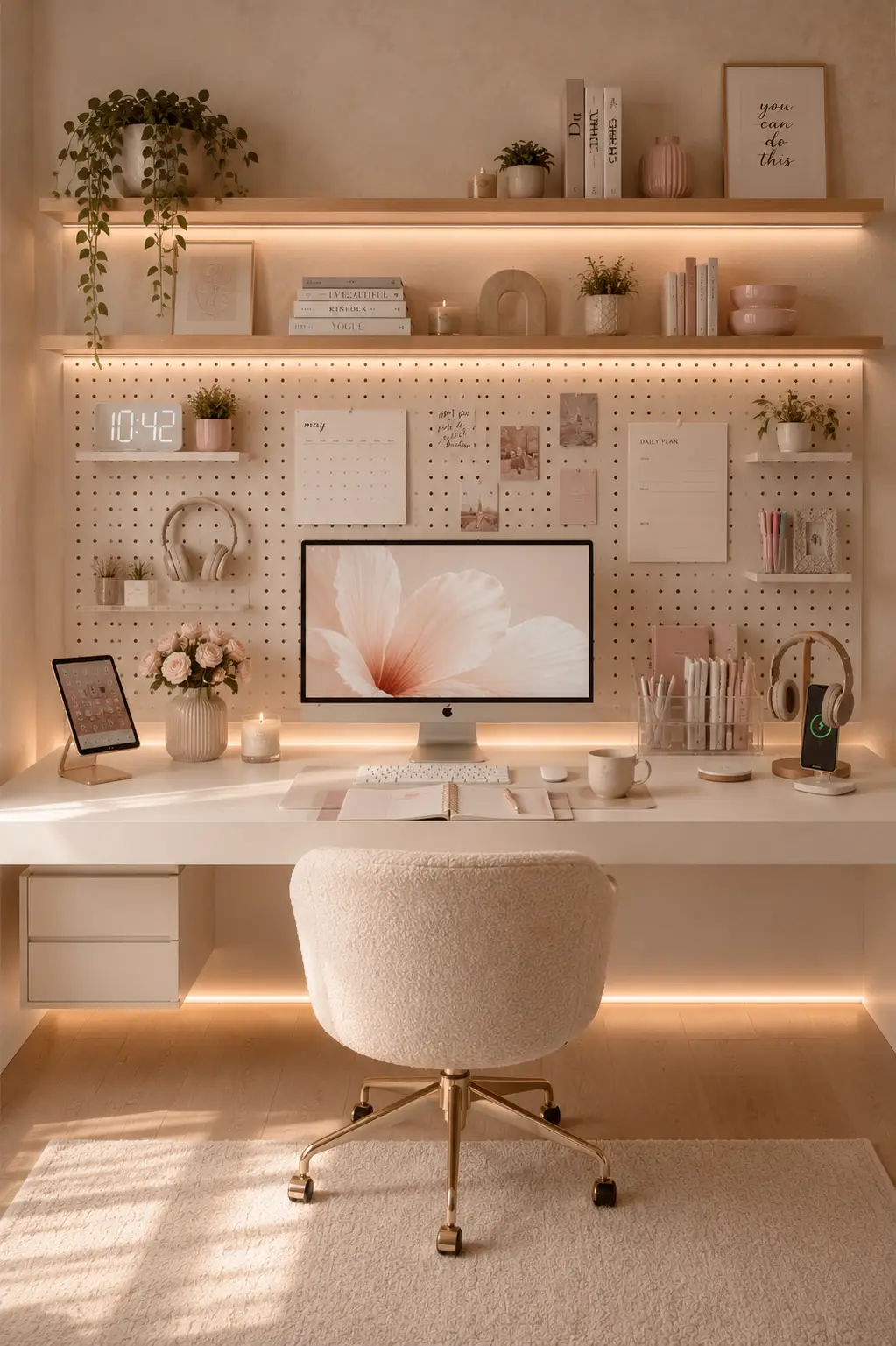Modern study desk with floating shelves, pegboard organizer, cozy boucle chair, warm LED lighting, books, decorative accessories, and productive teen girl bedroom workspace inspiration.