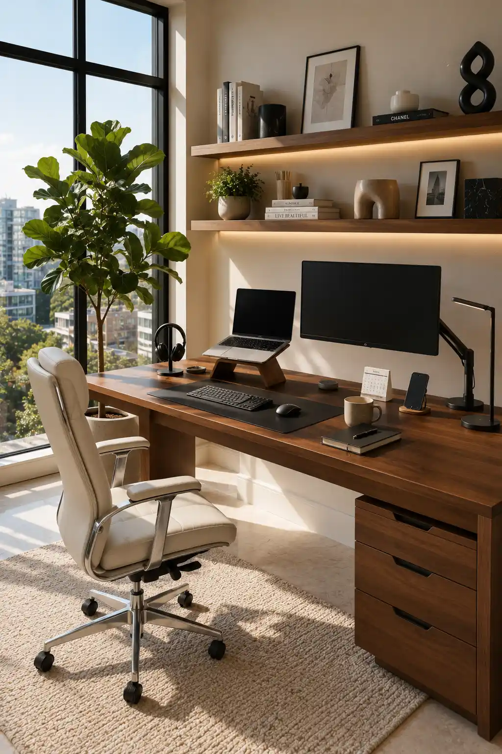 Professional small home office ideas featuring an ergonomic laptop stand, external monitor, floating shelves, wooden desk, office chair, indoor plants, natural daylight, organized desktop, productivity workspace, luxury modern office inspiration.