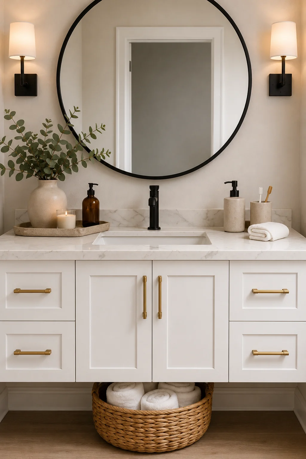 White bathroom vanity featuring brushed brass cabinet handles, matte black faucet, oversized round mirror, marble countertop, ceramic accessories, woven basket with rolled towels, luxury vanity hardware upgrade, modern bathroom makeover inspiration.