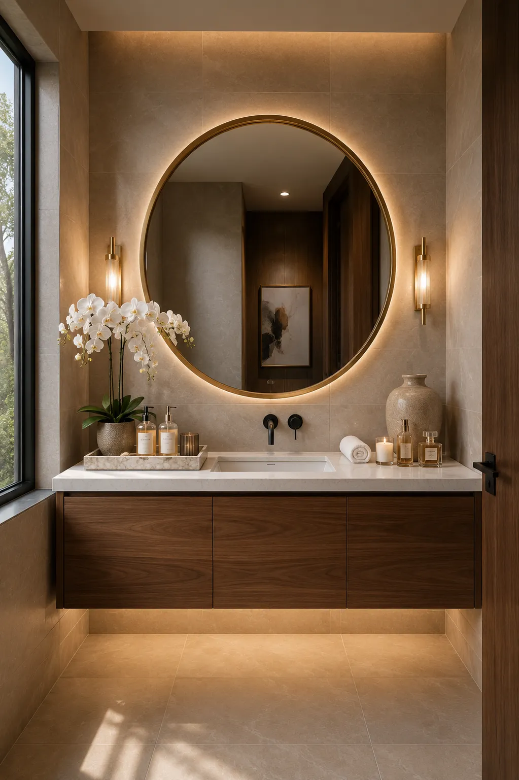 Luxury guest bathroom featuring a large round LED mirror above a floating walnut vanity with orchids, candles, elegant countertop accessories, and warm lighting creating a modern hotel inspired bathroom.