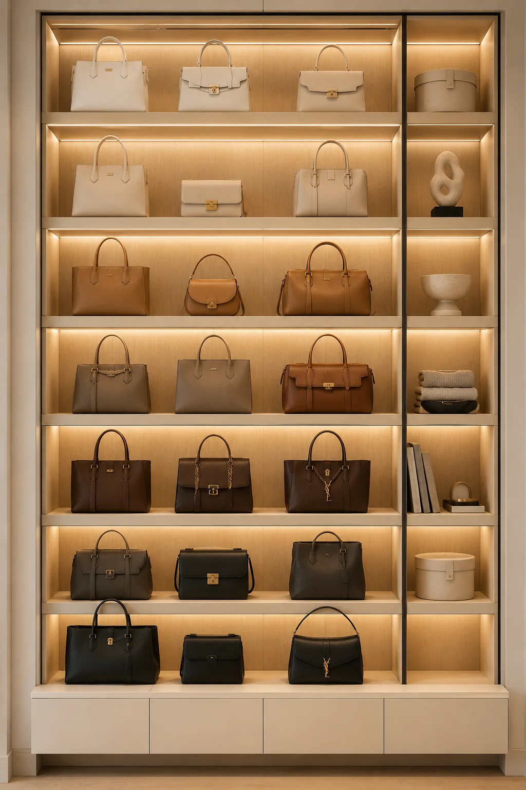 Luxury boutique style handbag display wall featuring illuminated floating shelves, designer purses, premium wood cabinetry, warm LED lighting, organized handbag collection, decorative accents, custom wardrobe design, and elegant small closet organization ideas for modern homes.