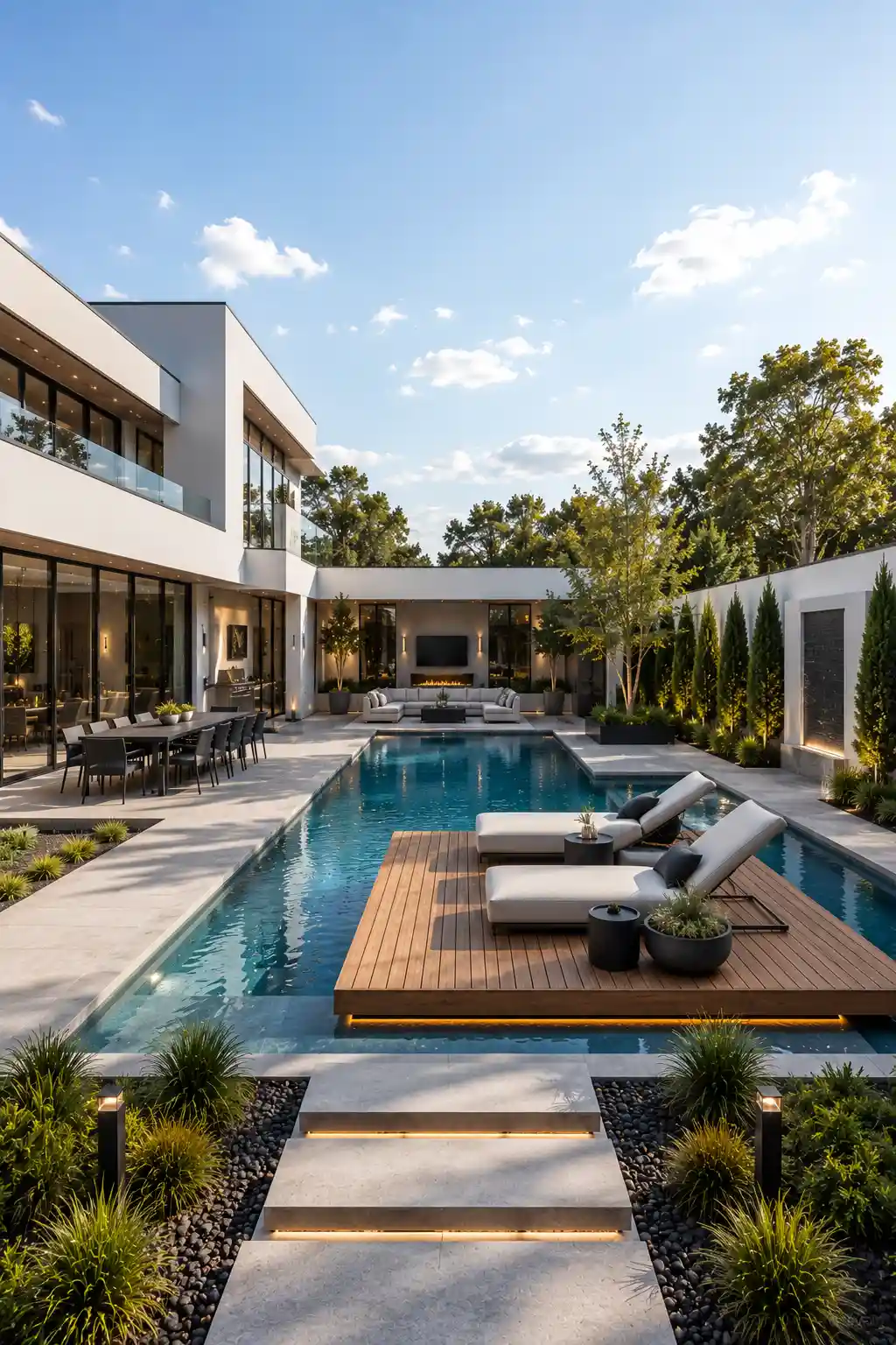 Luxury backyard pool with floating wooden deck platform, premium sun loungers, modern white home, oversized porcelain pavers, landscaped garden, outdoor dining area, LED accent lighting, and elegant resort inspired outdoor living design.